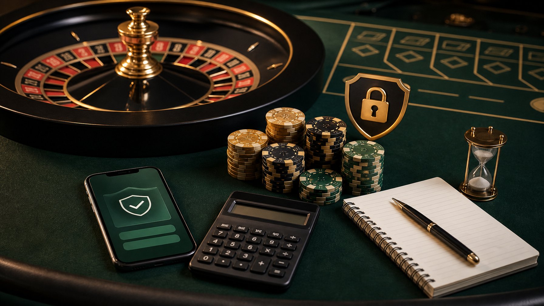 Meja roulette dengan roda beraksen emas, sejumlah kecil chip, ponsel, dan kalkulator.