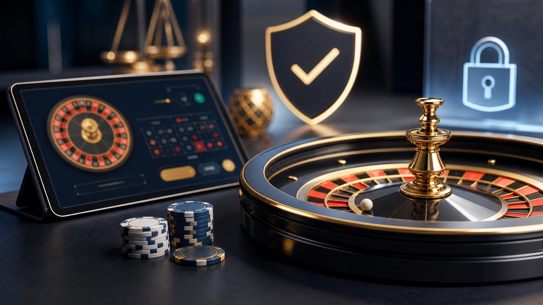 Roda roulette bernuansa emas, beberapa keping taruhan bernilai kecil, dan perangkat digital dengan simbol keamanan.