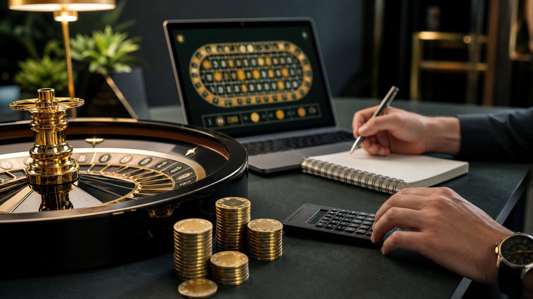 Roda roulette bernuansa emas, keping taruhan, dan perangkat digital di atas meja modern.