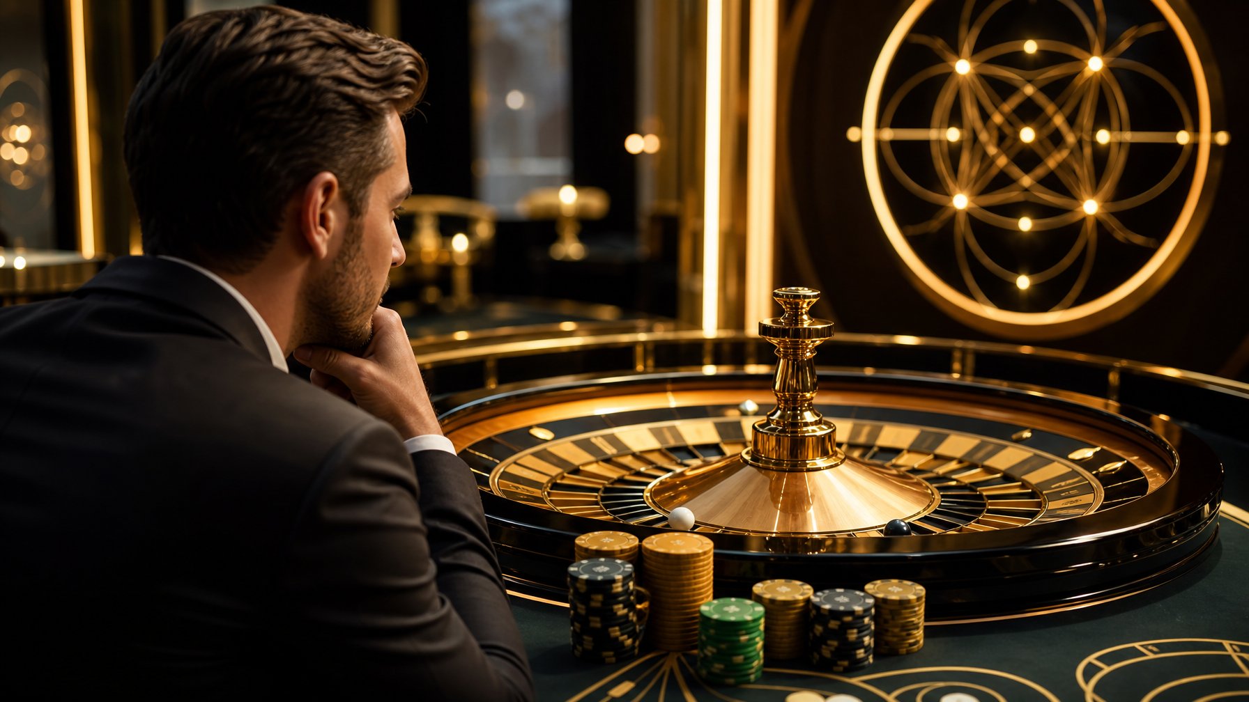 Pemain mengamati roda roulette emas dengan keping taruhan di meja kasino modern.