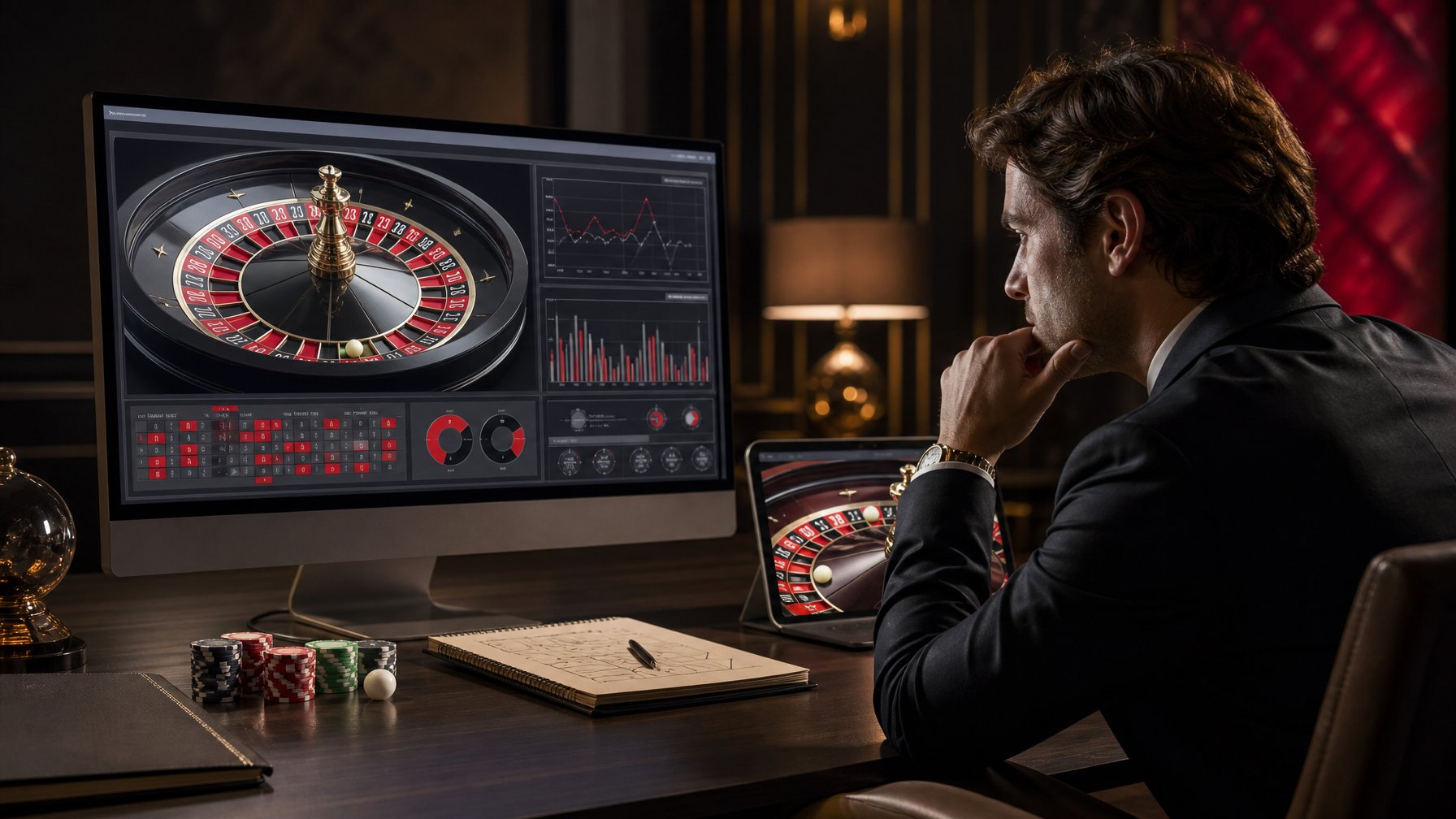 Seseorang mengamati roda roulette digital yang berputar di depan komputer dengan beberapa keping taruhan di meja.