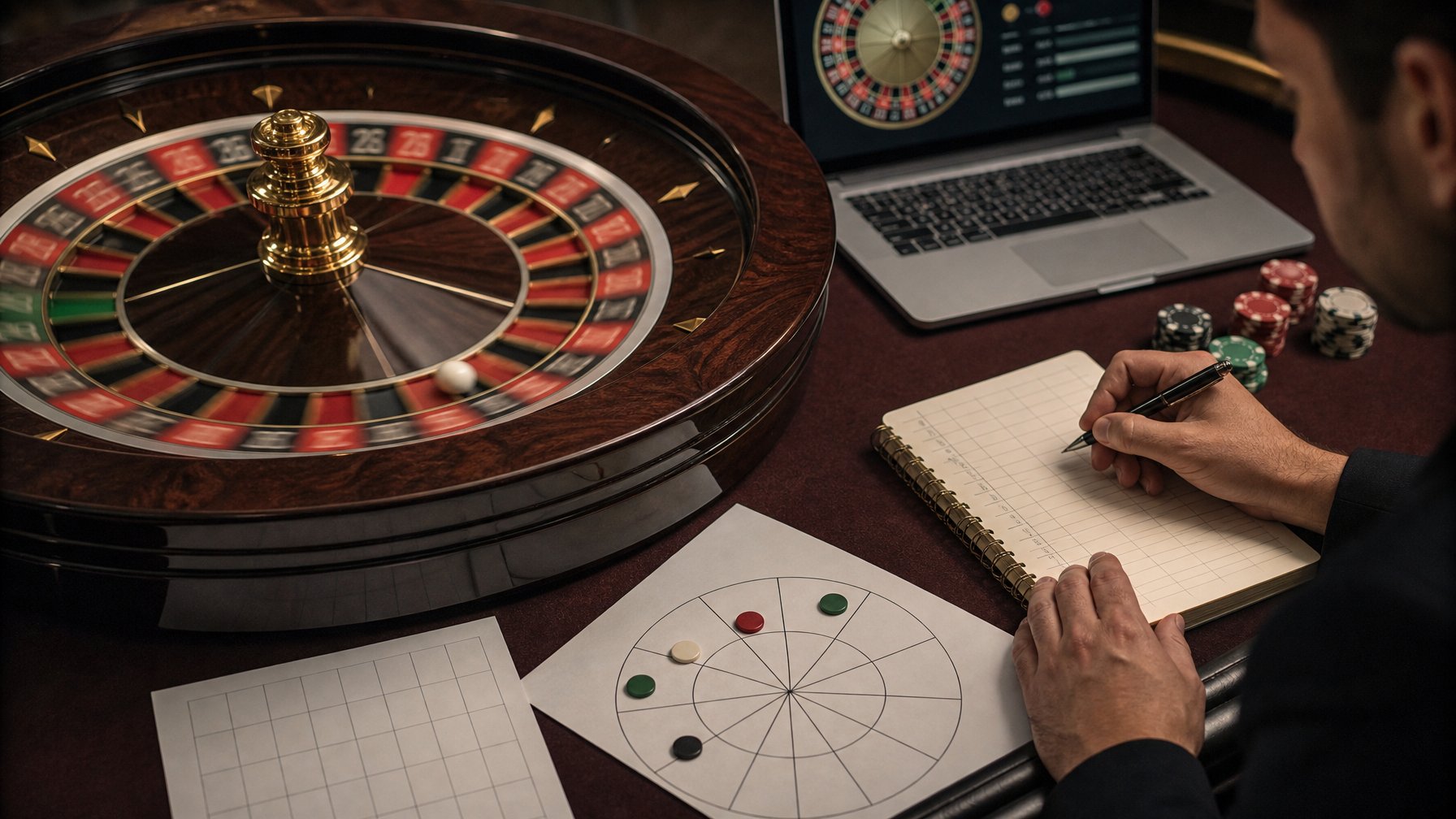 Roda roulette berputar di atas meja dengan pemain mencatat hasil putaran di sampingnya.