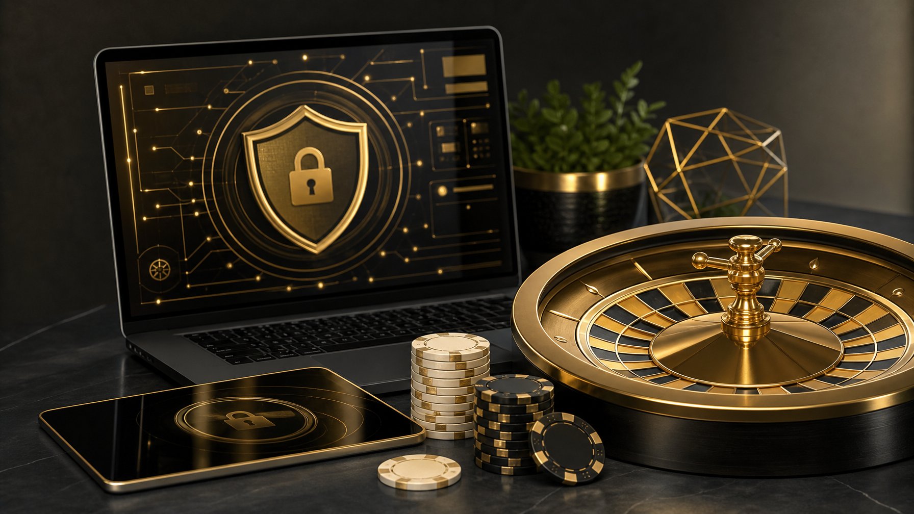 Roda roulette emas, keping taruhan, dan perangkat digital di atas meja gelap.