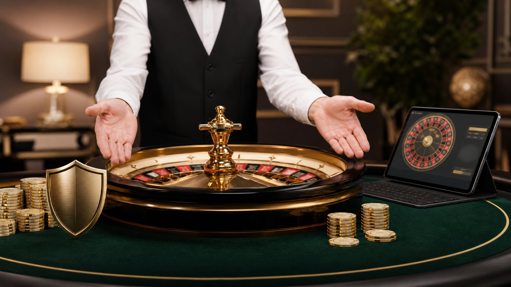 Meja roulette dengan roda berwarna emas, keping taruhan, dan perangkat digital di lingkungan kasino yang elegan.