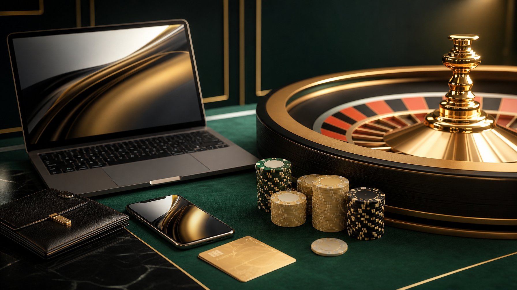 Meja roulette mewah dengan roda berwarna emas, keping kasino, dan elemen antarmuka digital yang halus.