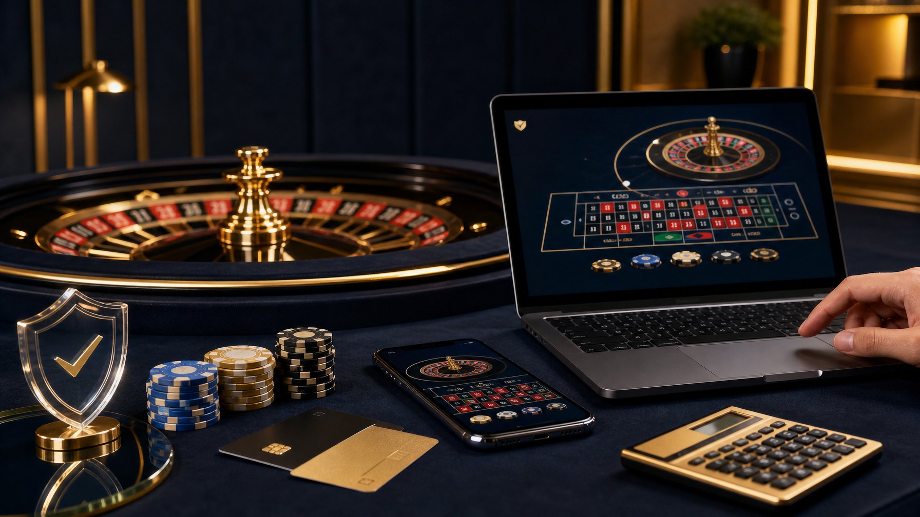 Meja roulette bernuansa emas dengan perangkat digital dan elemen keamanan yang menunjukkan platform roulette online yang transparan dan terjangkau.