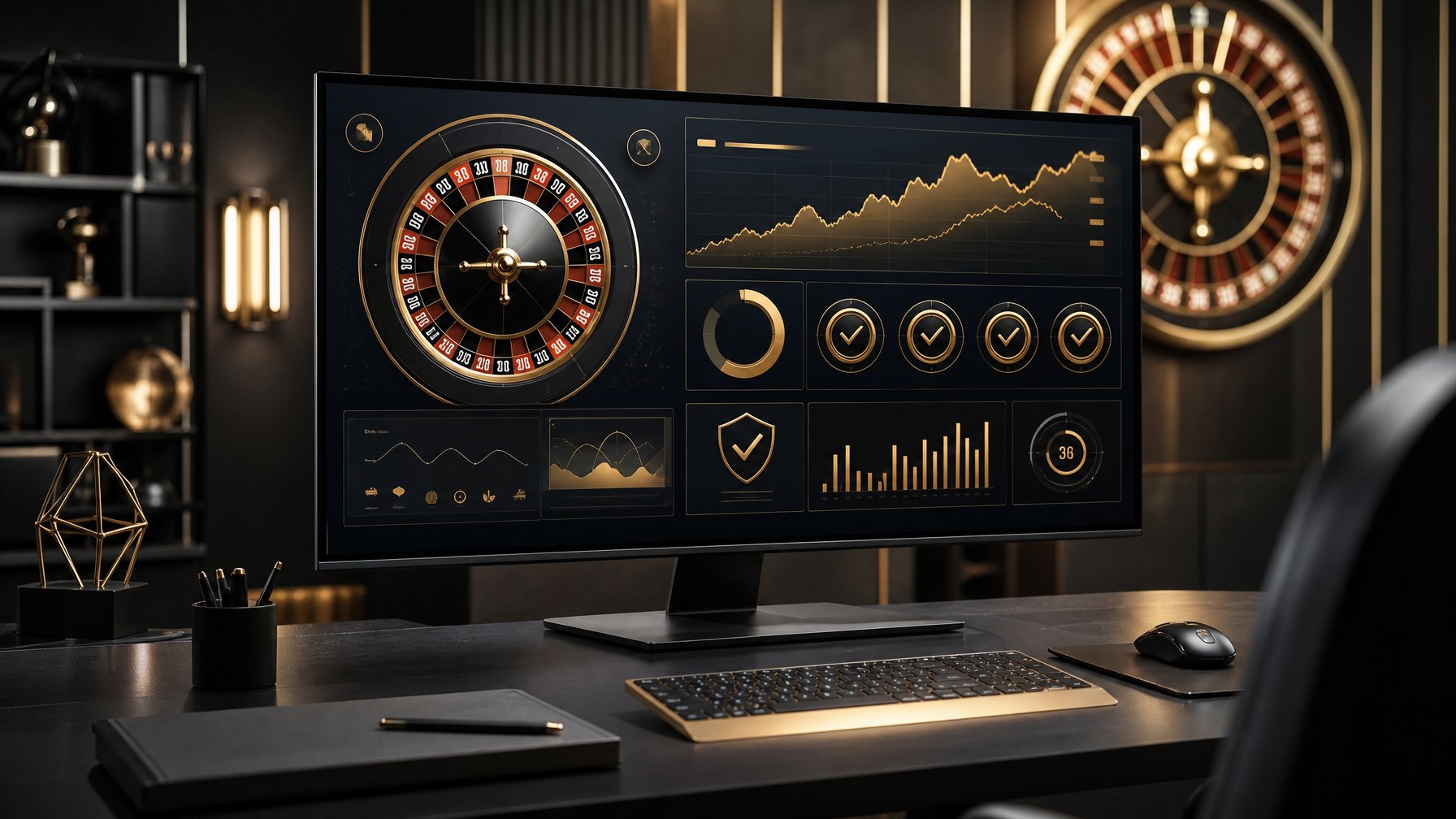 Meja kerja modern dengan monitor yang menampilkan dashboard abstrak bertema roulette emas dan indikator kinerja.