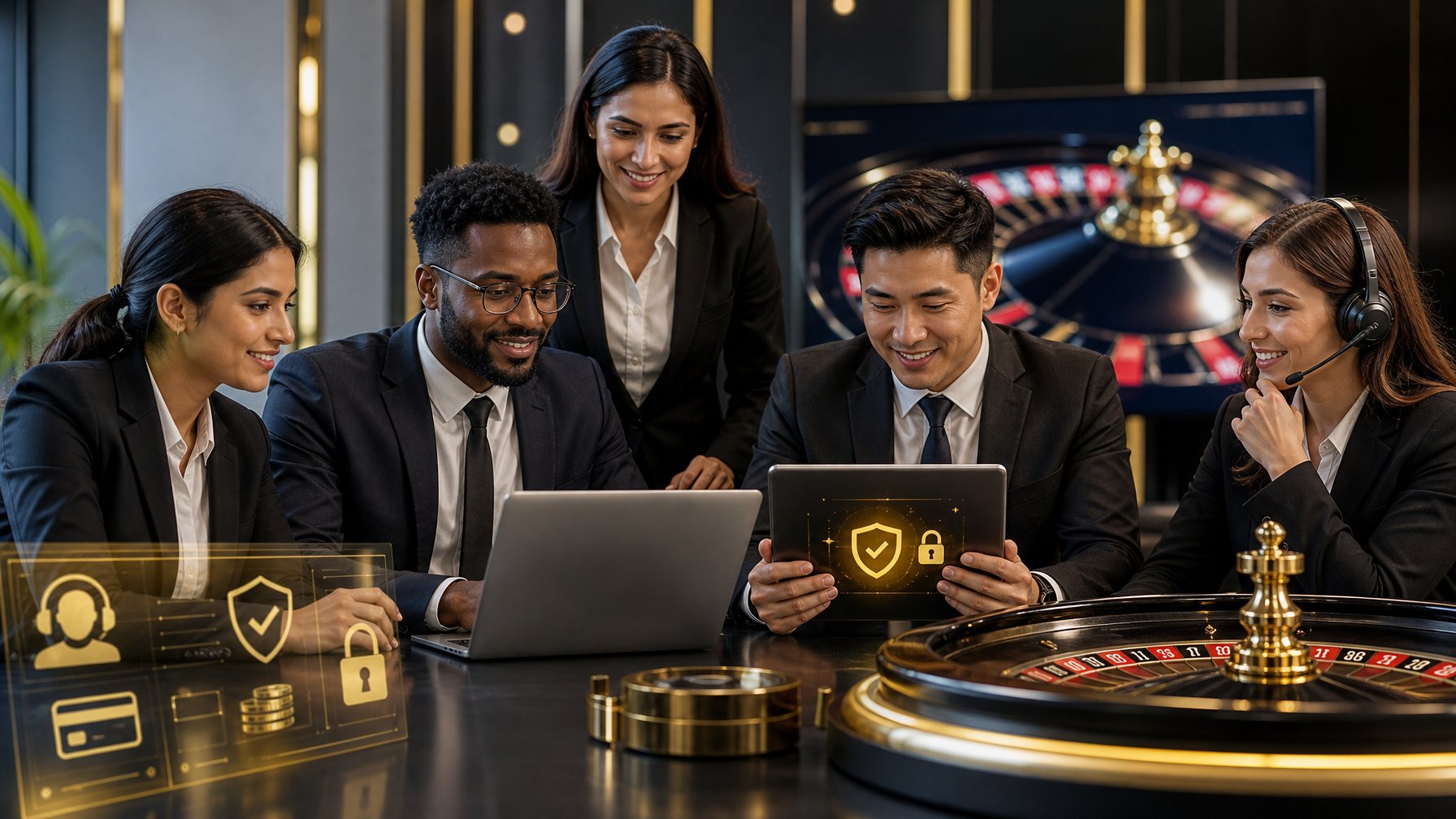 Tim profesional dewasa menggunakan perangkat digital dalam suasana elegan dengan elemen roulette emas.