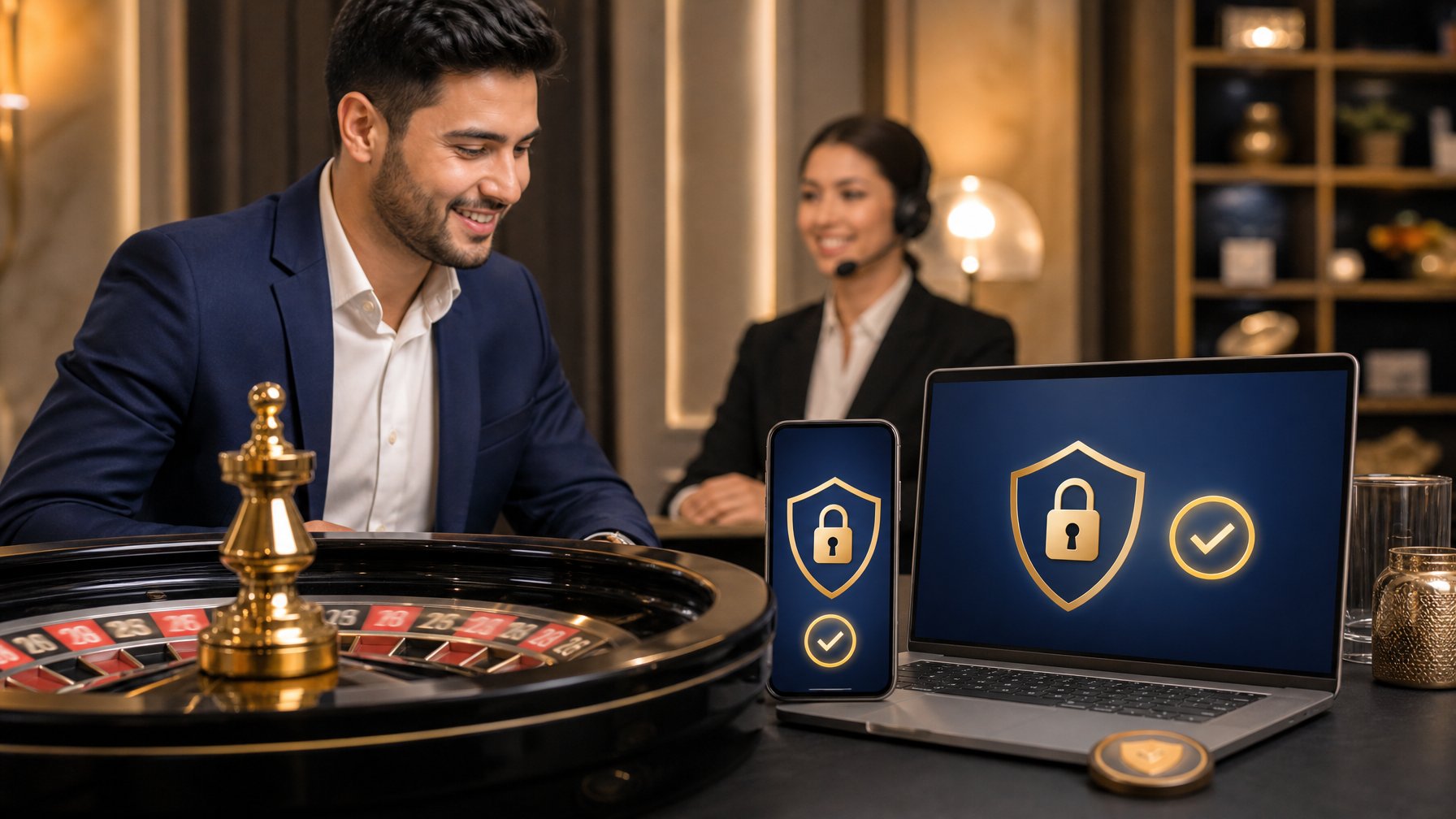 Pemain dewasa menggunakan platform roulette daring dengan simbol perisai dan gembok yang menunjukkan keamanan transaksi.