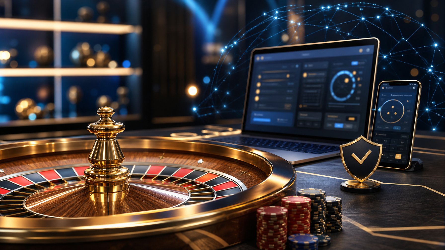 Roda roulette emas di samping laptop dan ponsel dengan tampilan antarmuka digital abstrak.