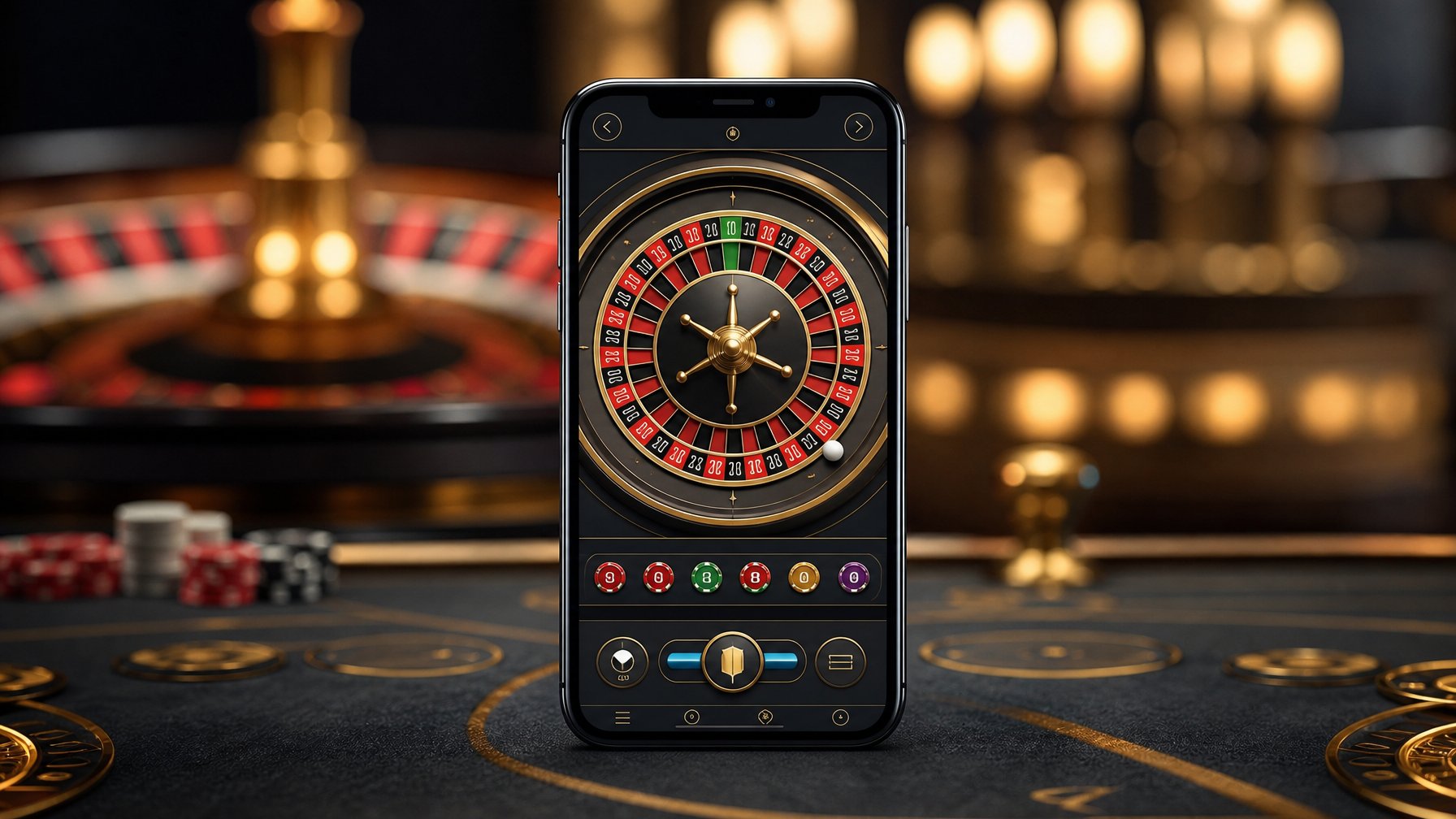 Ponsel menampilkan permainan roulette digital di atas meja kasino dengan roda roulette di latar belakang.