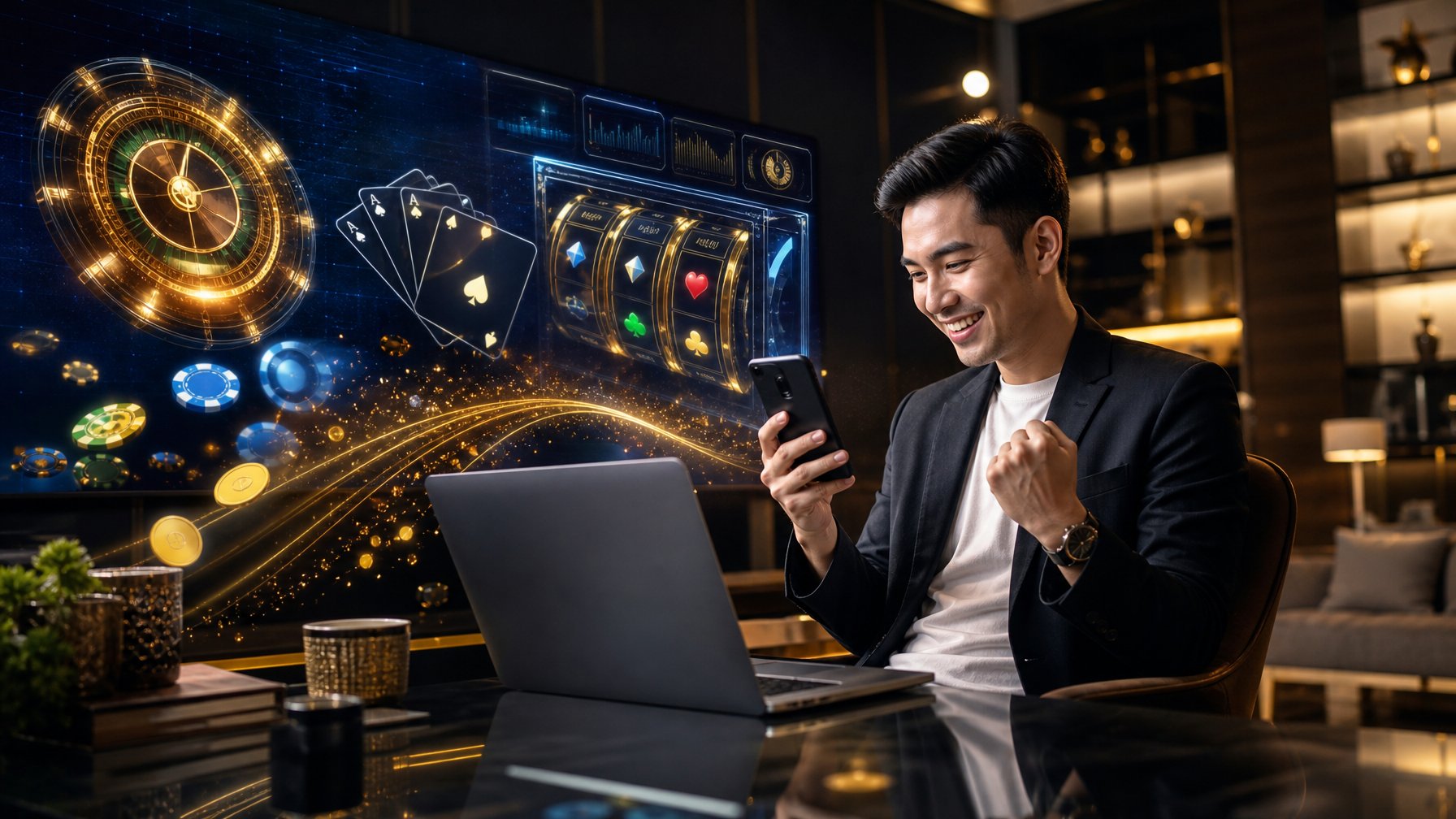 Seorang dewasa melihat laptop dan ponsel di lounge modern dengan tampilan jackpot digital bercahaya.