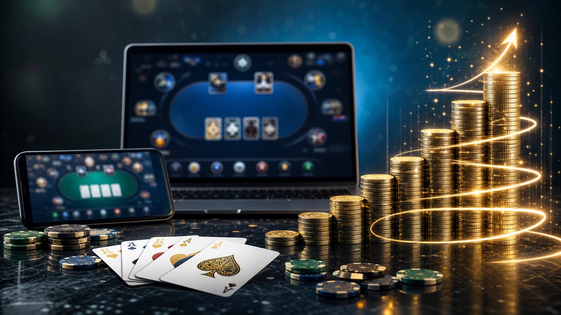 Perangkat digital menampilkan permainan kartu abstrak dengan kartu, koin, dan cahaya keemasan yang melambangkan jackpot progresif.