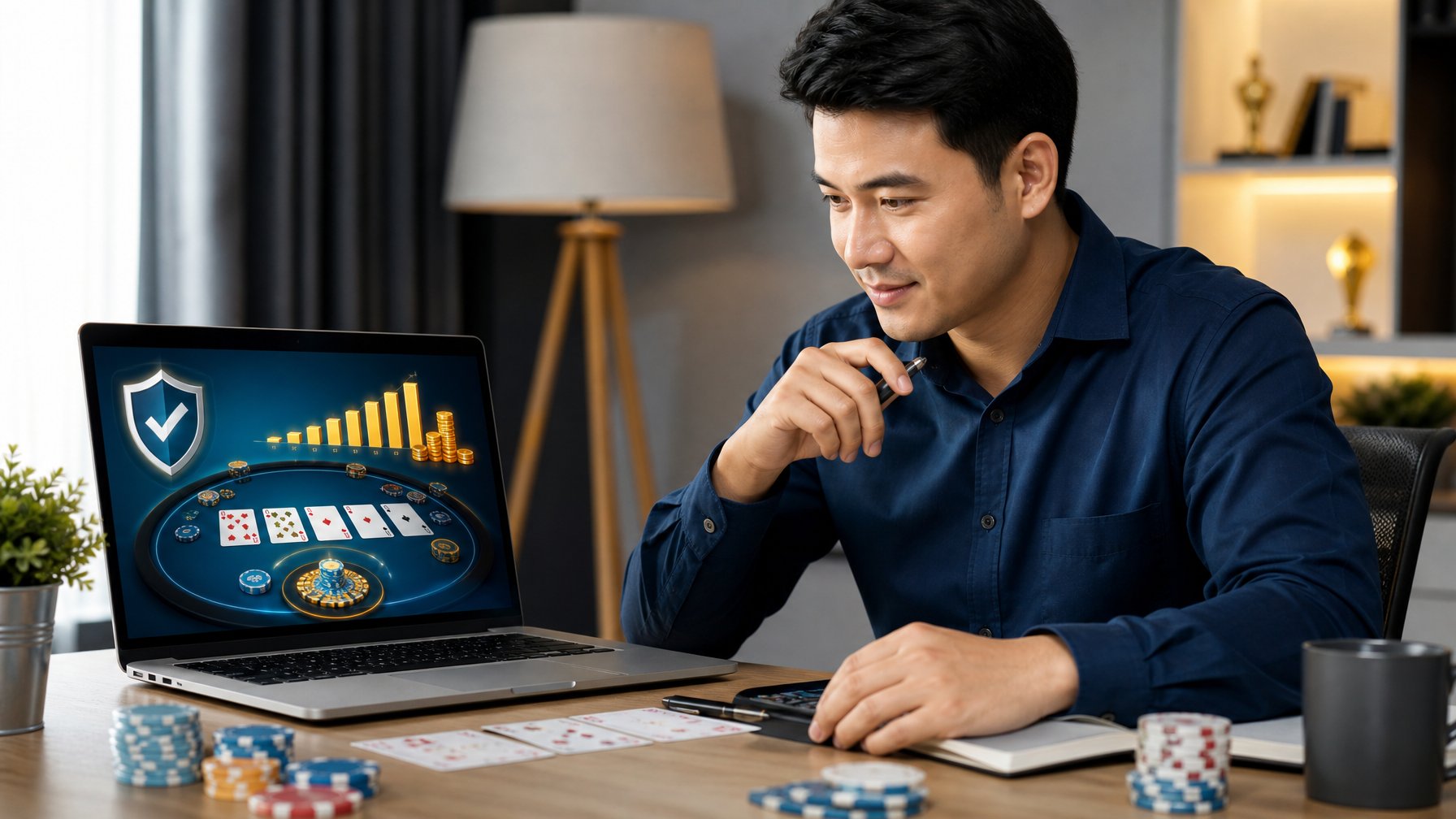 Pemain dewasa melihat permainan kartu online dengan chip, simbol keamanan, dan indikator jackpot di laptop.