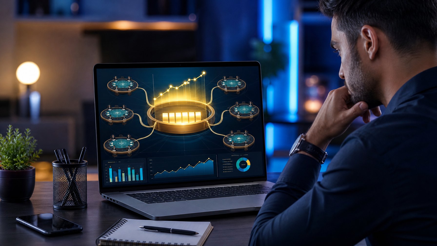 Seseorang menganalisis tampilan jackpot progresif pada laptop di ruang kerja modern.