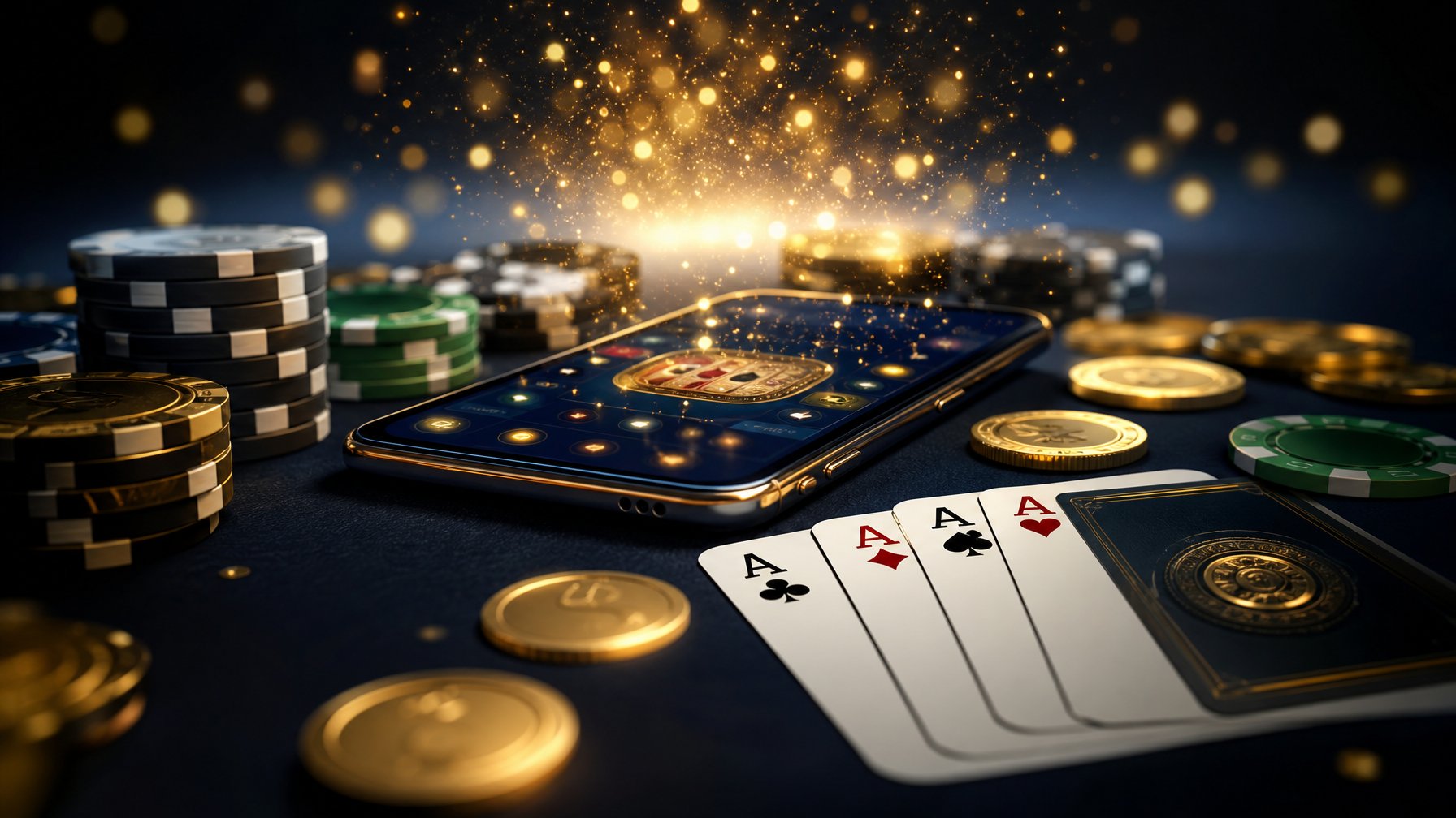 Kartu permainan, keping taruhan, dan koin emas di atas meja digital dengan cahaya keemasan.
