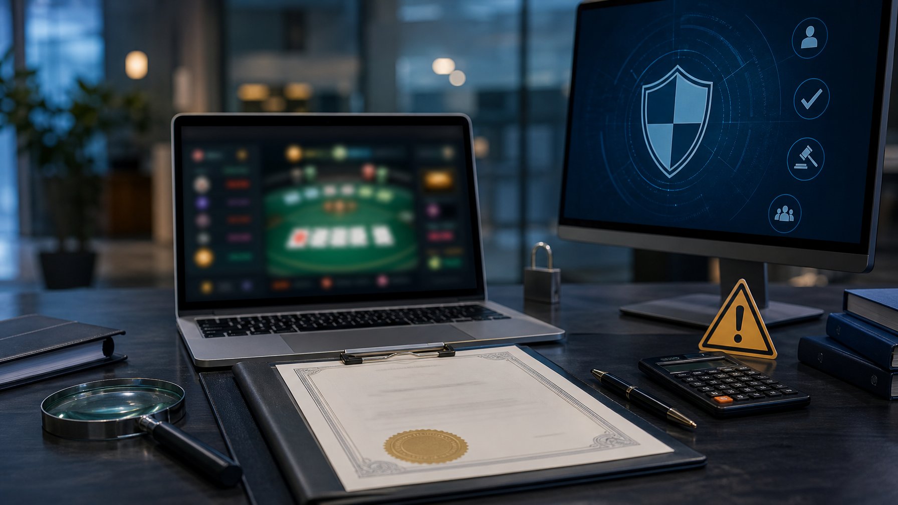 Laptop dan dokumen lisensi dengan simbol peringatan di meja kerja, menggambarkan risiko dan legalitas perjudian online.