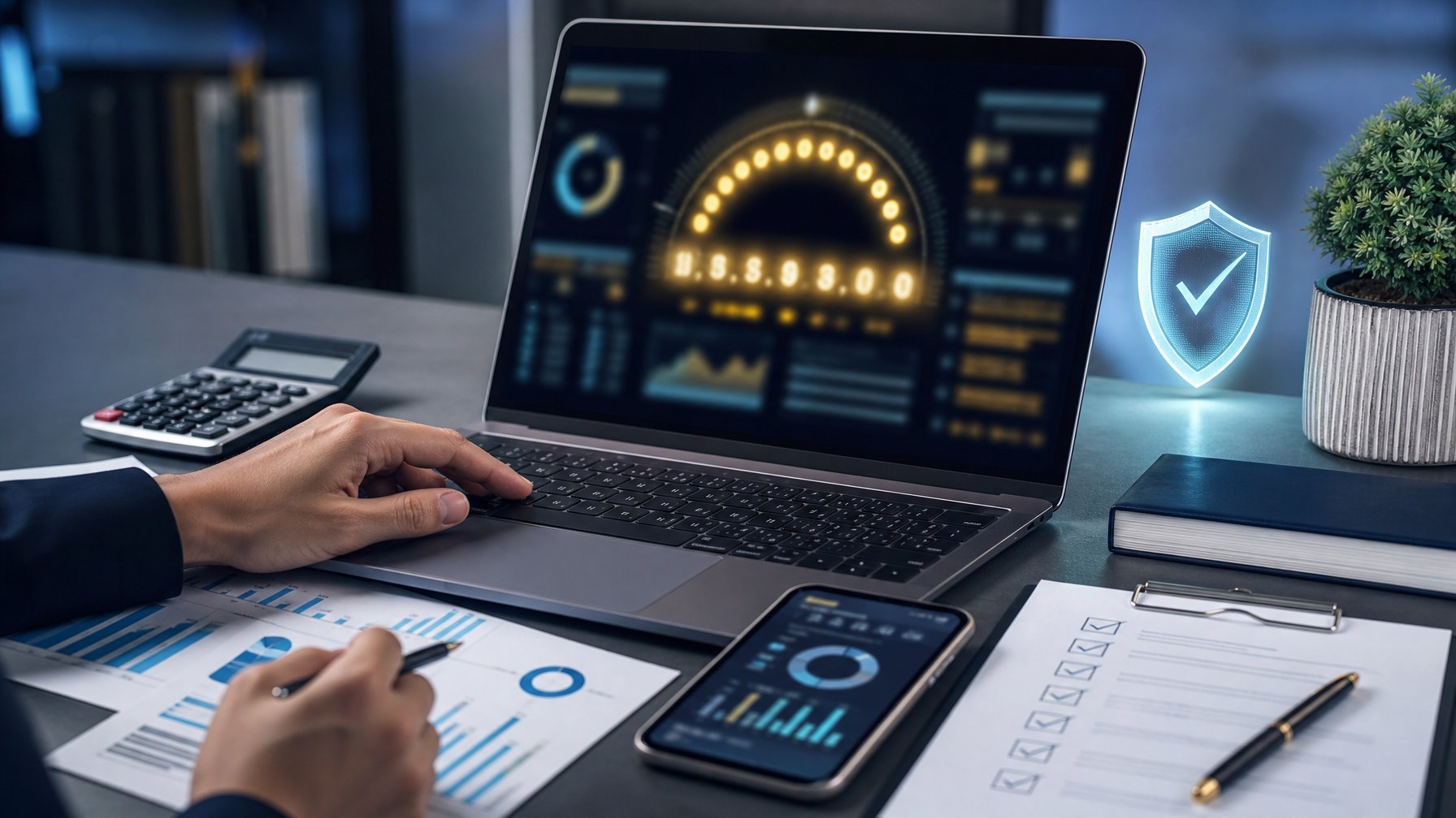 Meja kerja modern dengan laptop, ponsel, kalkulator, grafik analisis, dan simbol keamanan untuk menilai platform ceme online.