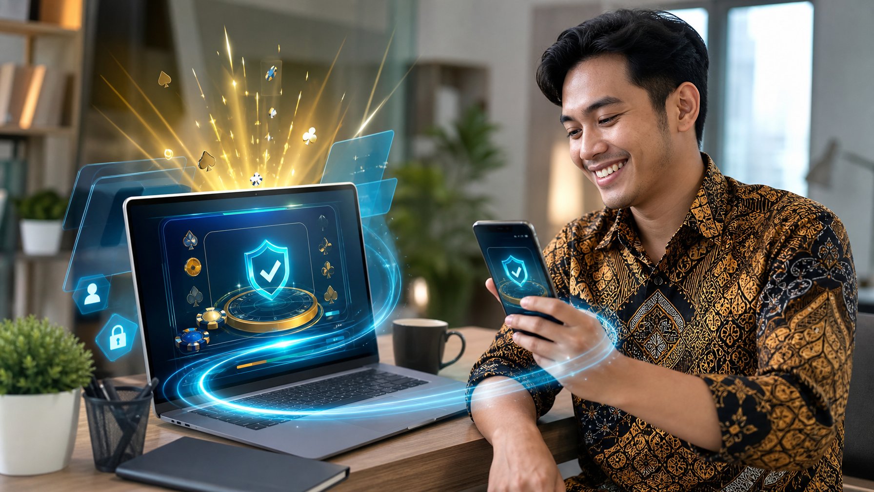 Orang dewasa melihat perangkat digital di ruang kerja modern dengan tampilan permainan daring abstrak dan simbol keamanan.
