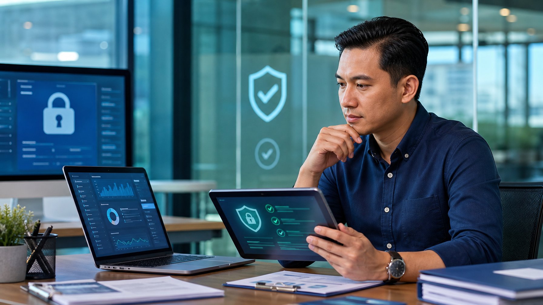 Analis dewasa memeriksa laptop dan tablet dengan simbol keamanan serta dokumen kepatuhan di kantor modern.