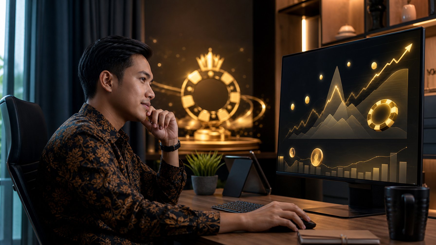 Pemain dewasa menganalisis grafik abstrak di meja kerja modern dengan cahaya keemasan yang melambangkan pertumbuhan.