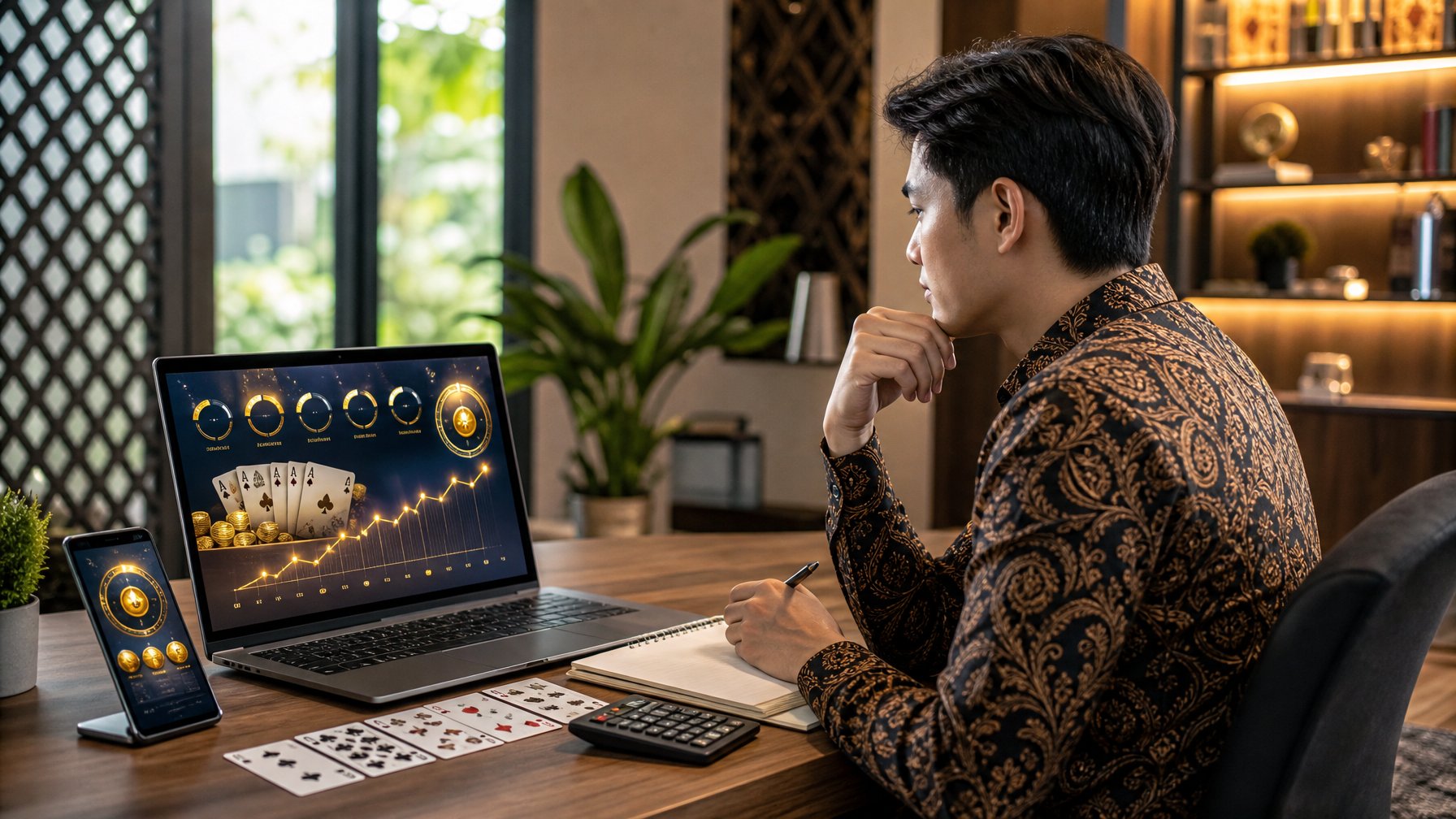 Pemain melihat laptop dengan grafik jackpot dan kartu di meja kerja.