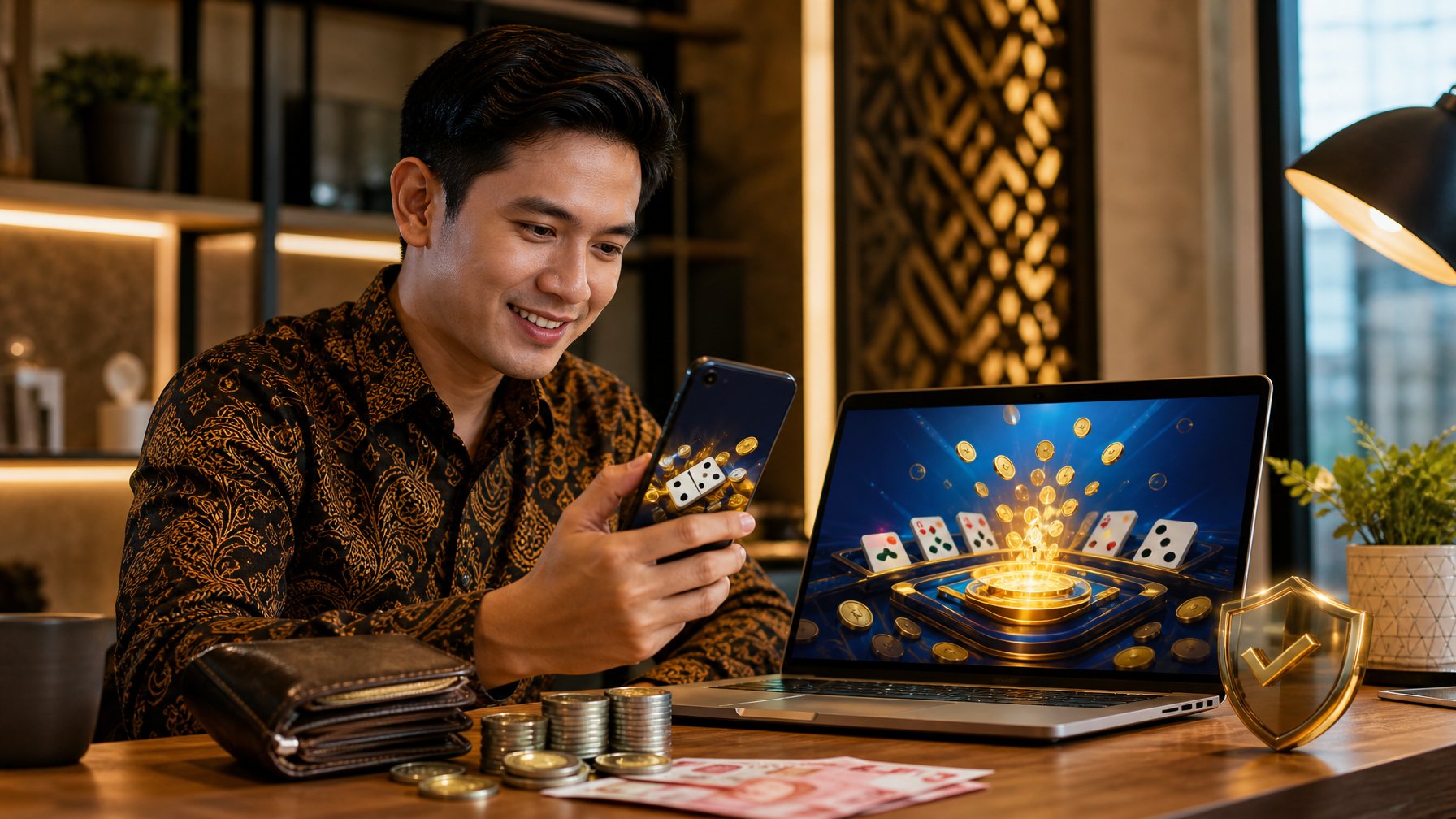 Seorang profesional Indonesia menggunakan laptop dan ponsel dengan tampilan domino digital, simbol jackpot, koin rupiah, dan ikon keamanan.