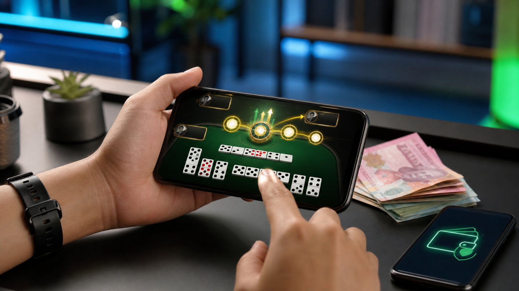 Tangan seseorang menggunakan ponsel untuk memainkan permainan domino dengan suasana pembayaran digital yang modern.