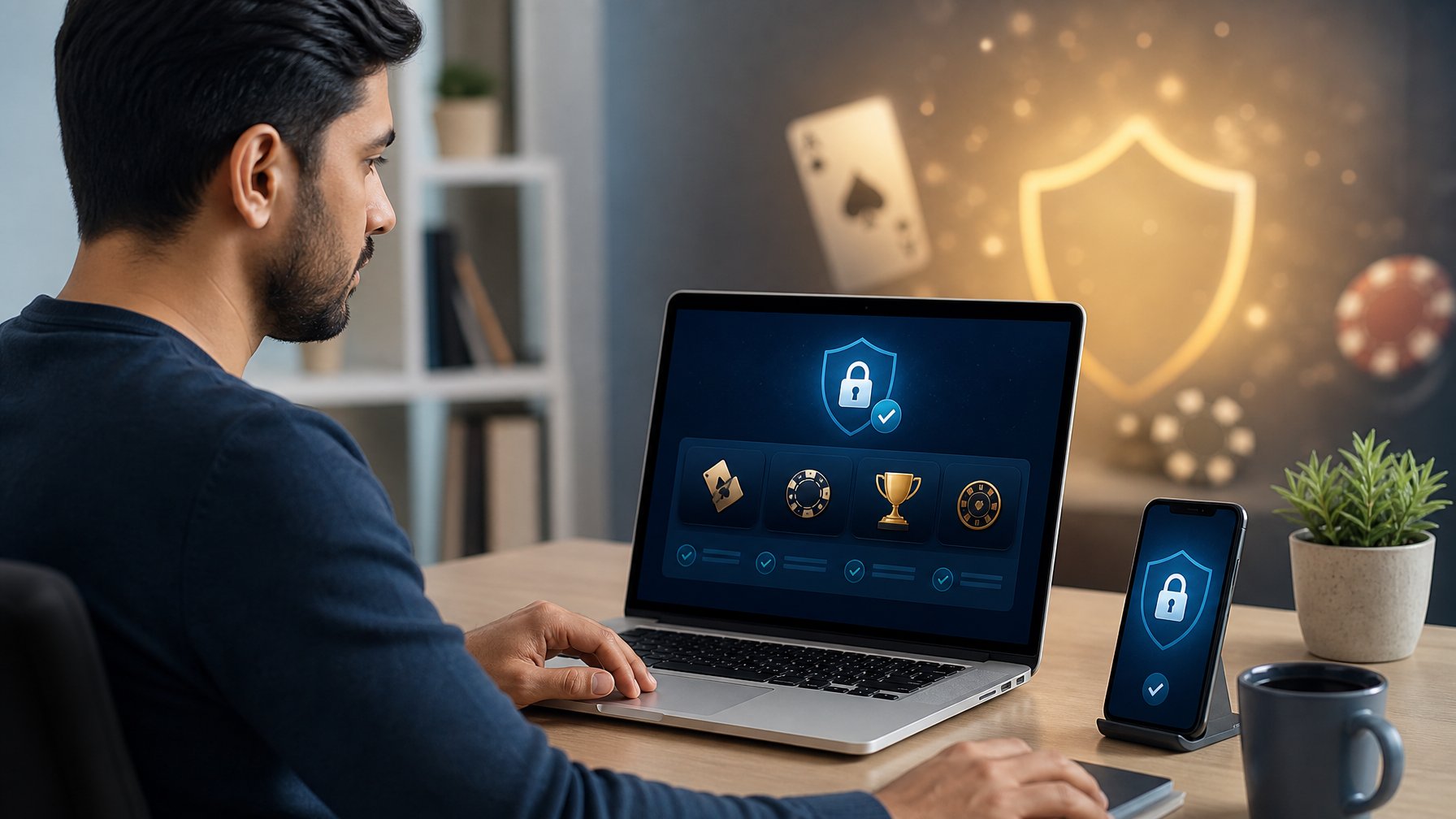 Seseorang memeriksa platform ceme online yang aman melalui laptop dan ponsel di ruang kerja modern.