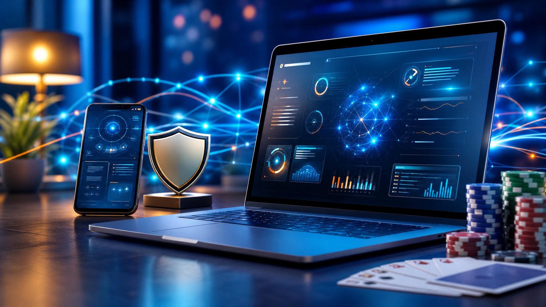 Laptop dan ponsel menampilkan antarmuka digital abstrak dengan kartu dan keping permainan di meja modern.
