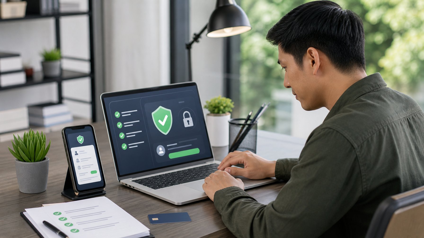 Seseorang memeriksa platform permainan online dengan laptop dan simbol keamanan di meja kerja.