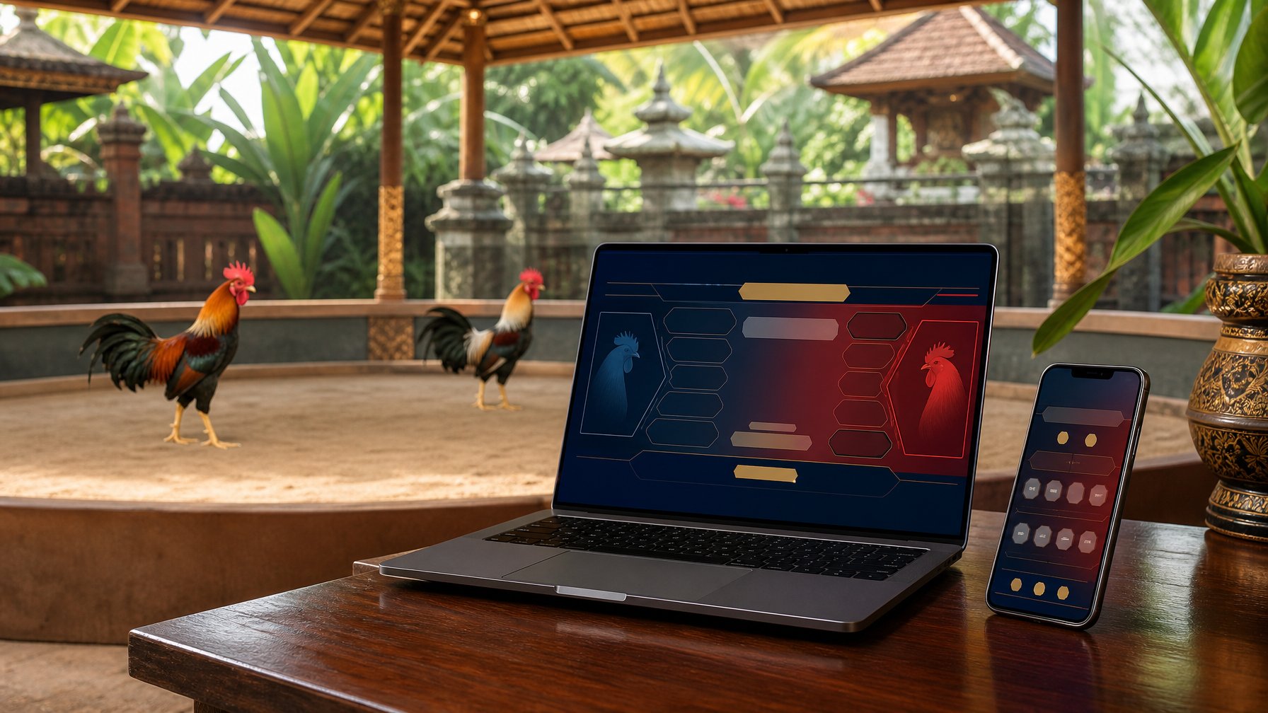 Dua ayam jantan berdiri tenang di arena bersih dengan ponsel dan laptop di atas meja kayu.