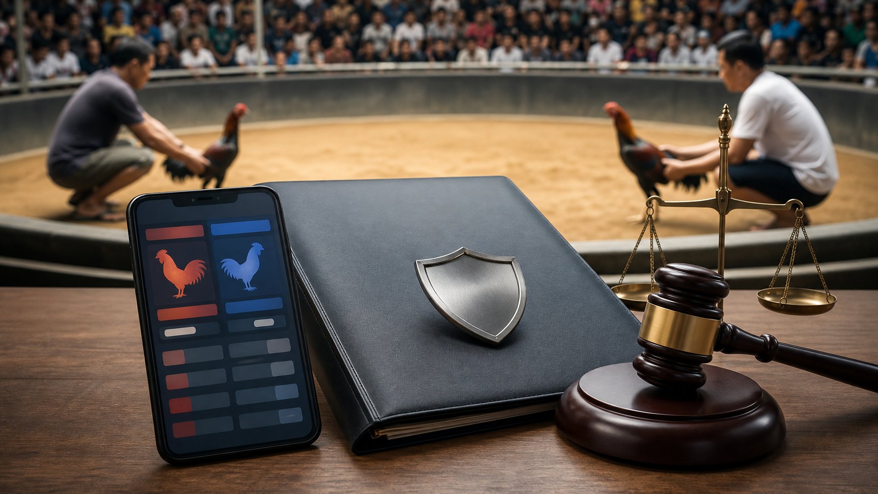 Ponsel dengan dokumen hukum dan palu hakim di dekat arena sabung ayam yang tampak samar.
