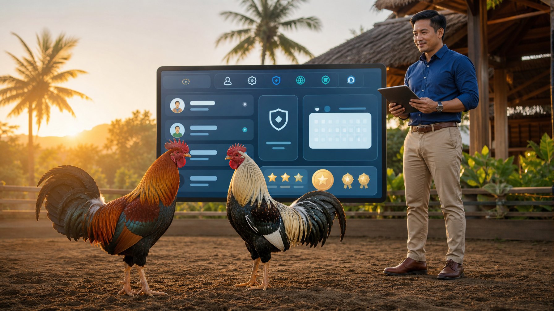Dua ayam jantan sehat berdiri di arena pedesaan saat matahari terbit, dengan seorang profesional memegang tablet di dekatnya.