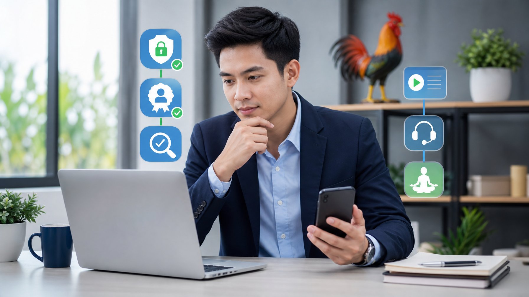 Seorang profesional memeriksa keamanan platform digital di laptop dan ponsel dengan hiasan ayam jantan di latar belakang.
