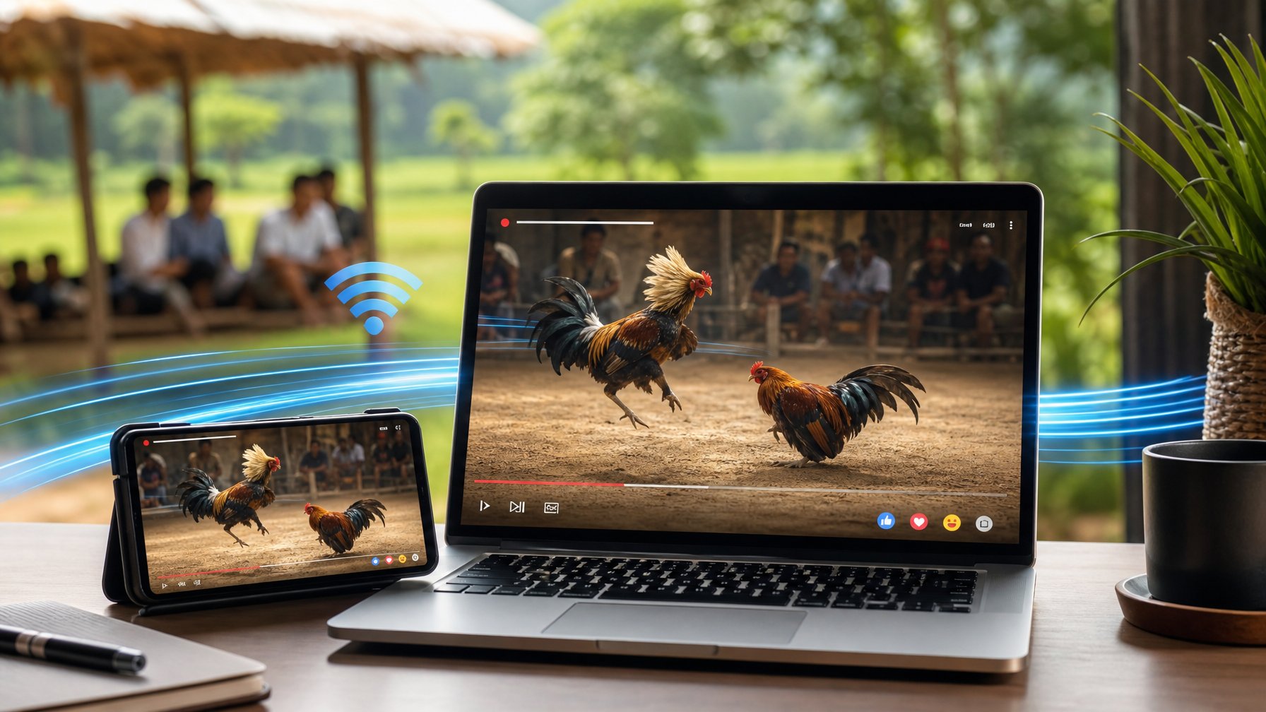 Ponsel dan laptop menampilkan siaran langsung arena ayam jago di lingkungan pedesaan.
