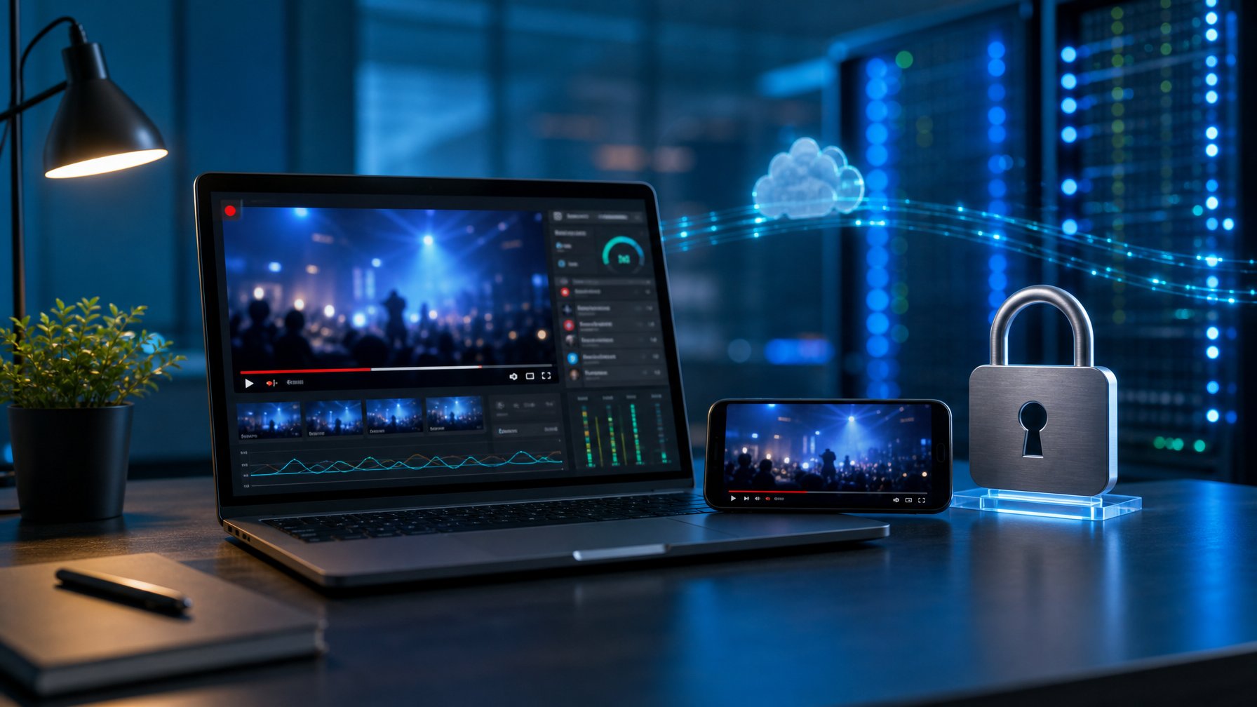 Perangkat laptop dan ponsel menampilkan pengalaman streaming langsung yang stabil dan aman di ruang kerja modern.