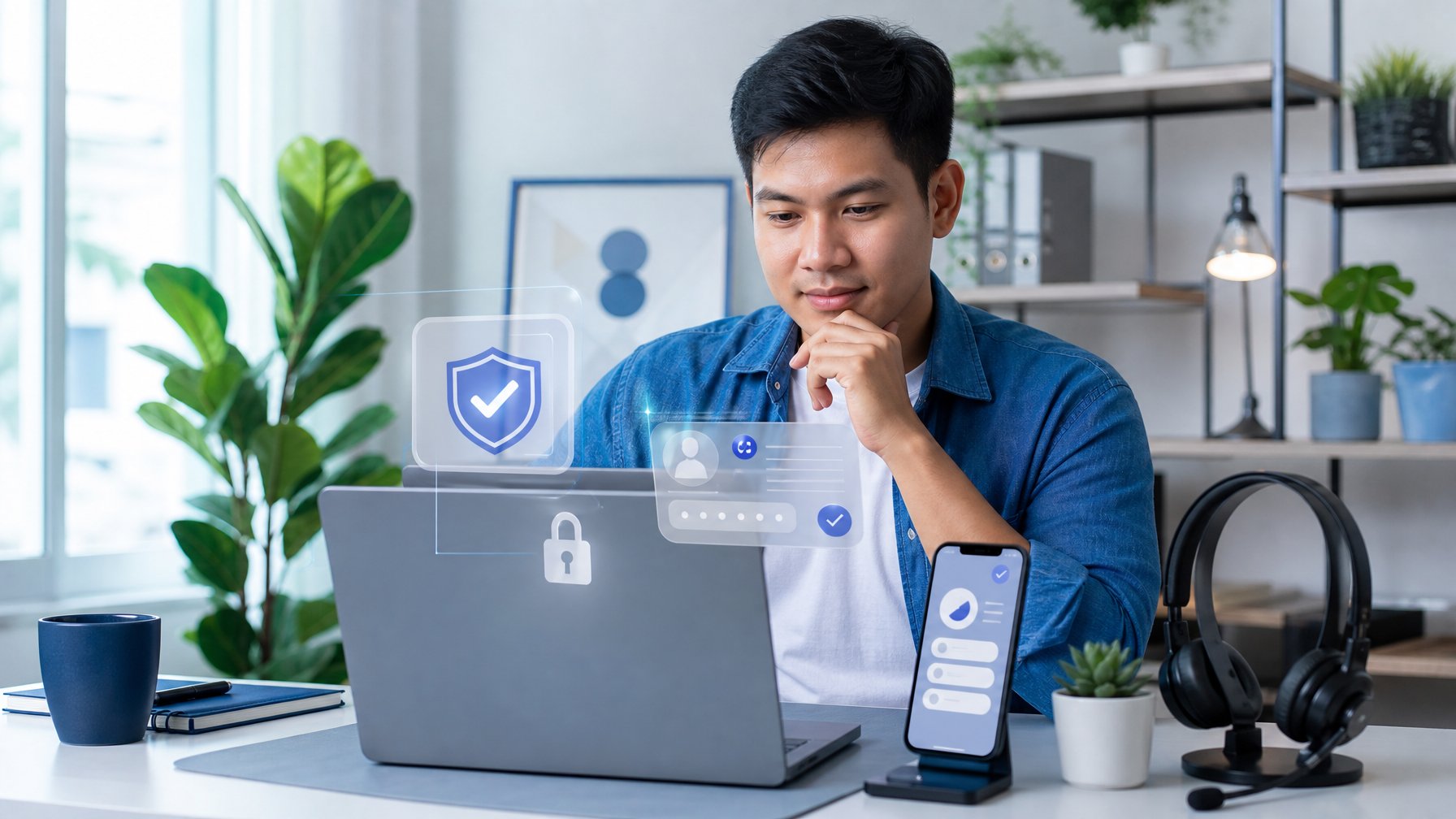 Seseorang meninjau layanan digital yang aman di laptop dengan simbol perisai dan gembok di meja kerja modern.