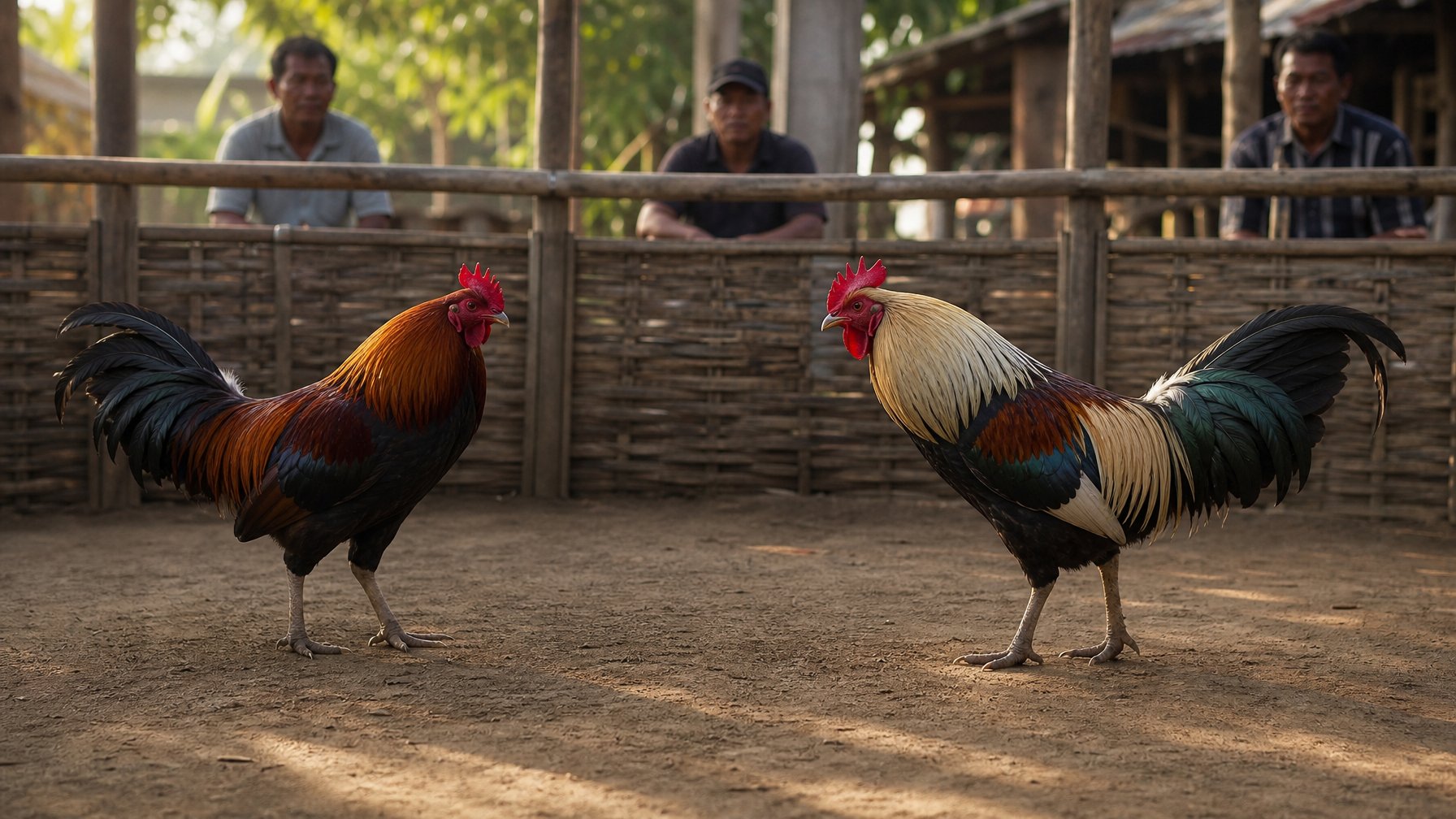 Dua ayam jago berdiri berjauhan di arena kayu dengan latar suasana pedesaan.