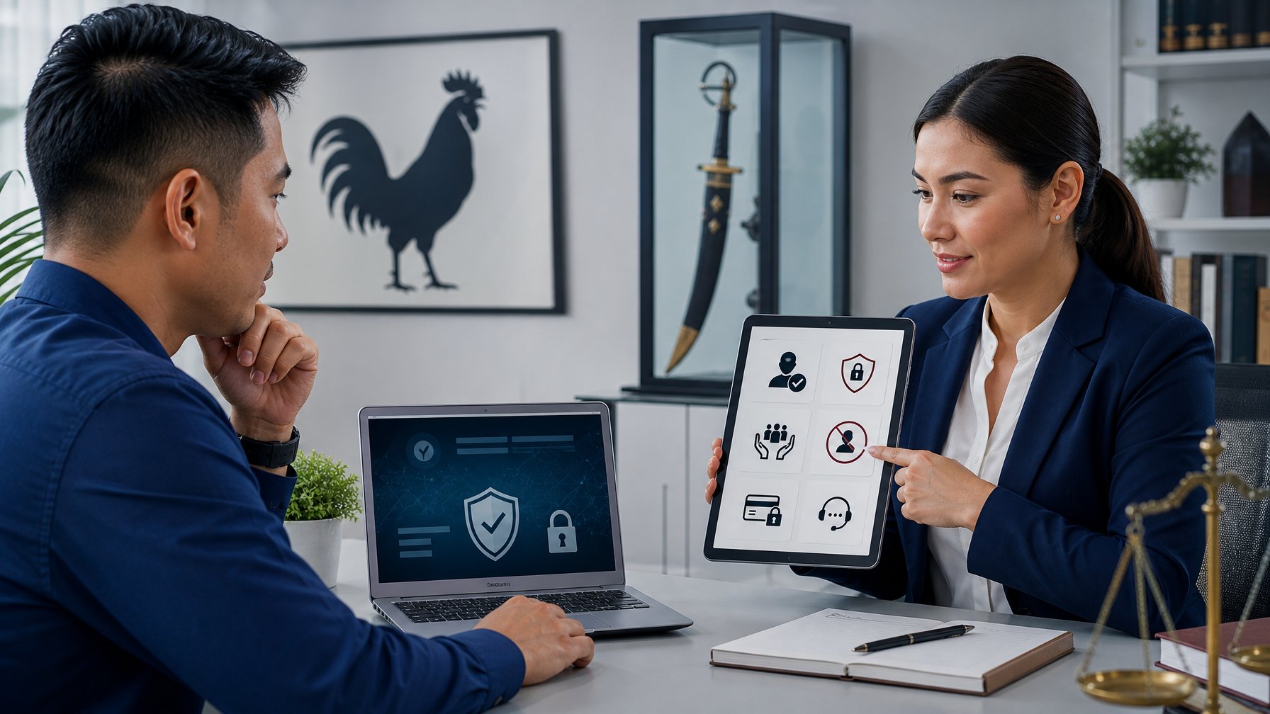 Pengguna meninjau keamanan situs di laptop bersama penasihat kepatuhan, dengan simbol perlindungan data dan penggunaan bertanggung jawab.