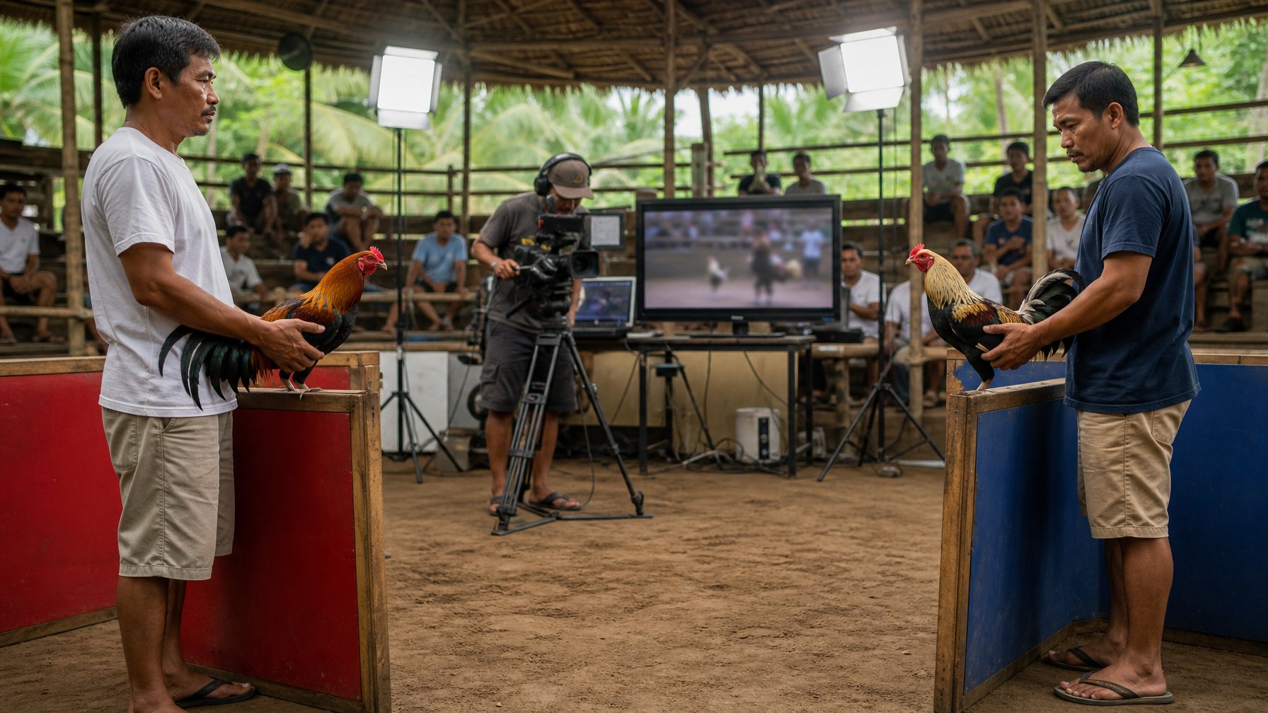 Dua ayam jantan berada di arena sabung ayam dengan peralatan kamera siaran langsung dan suasana pedesaan Filipina.