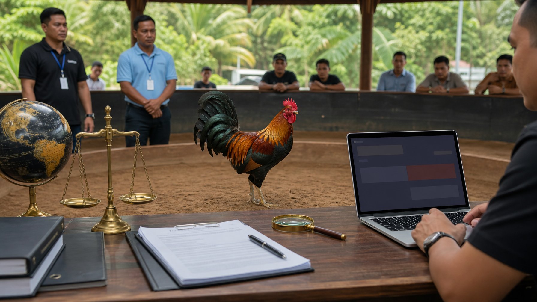 Seekor ayam jantan sehat berada di arena yang tertata, disaksikan oleh petugas dan penonton dewasa dengan laptop serta dokumen di sekitarnya.