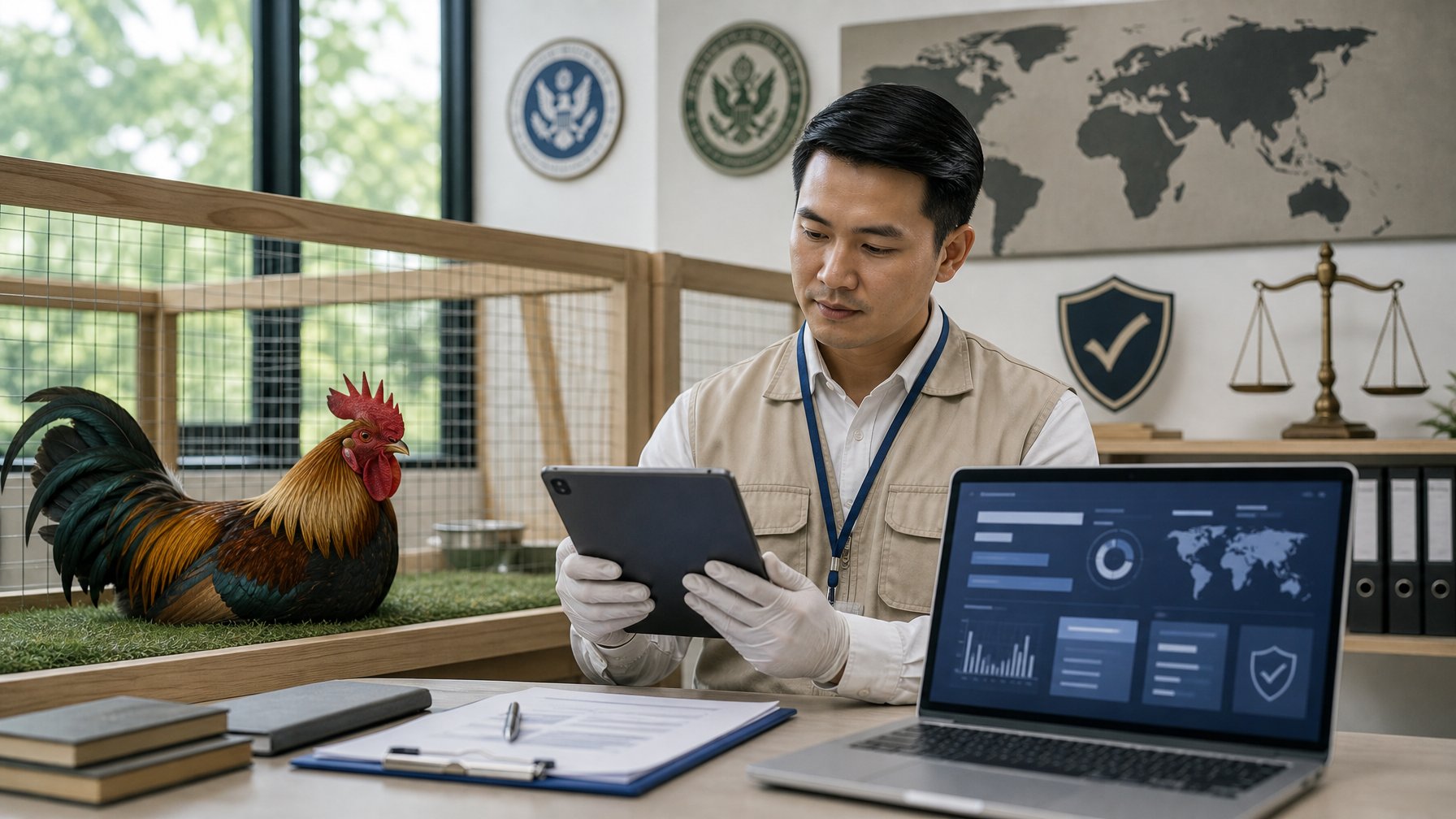 Petugas kesejahteraan hewan memeriksa ayam jantan sehat di fasilitas yang aman dengan laptop dan dokumen.