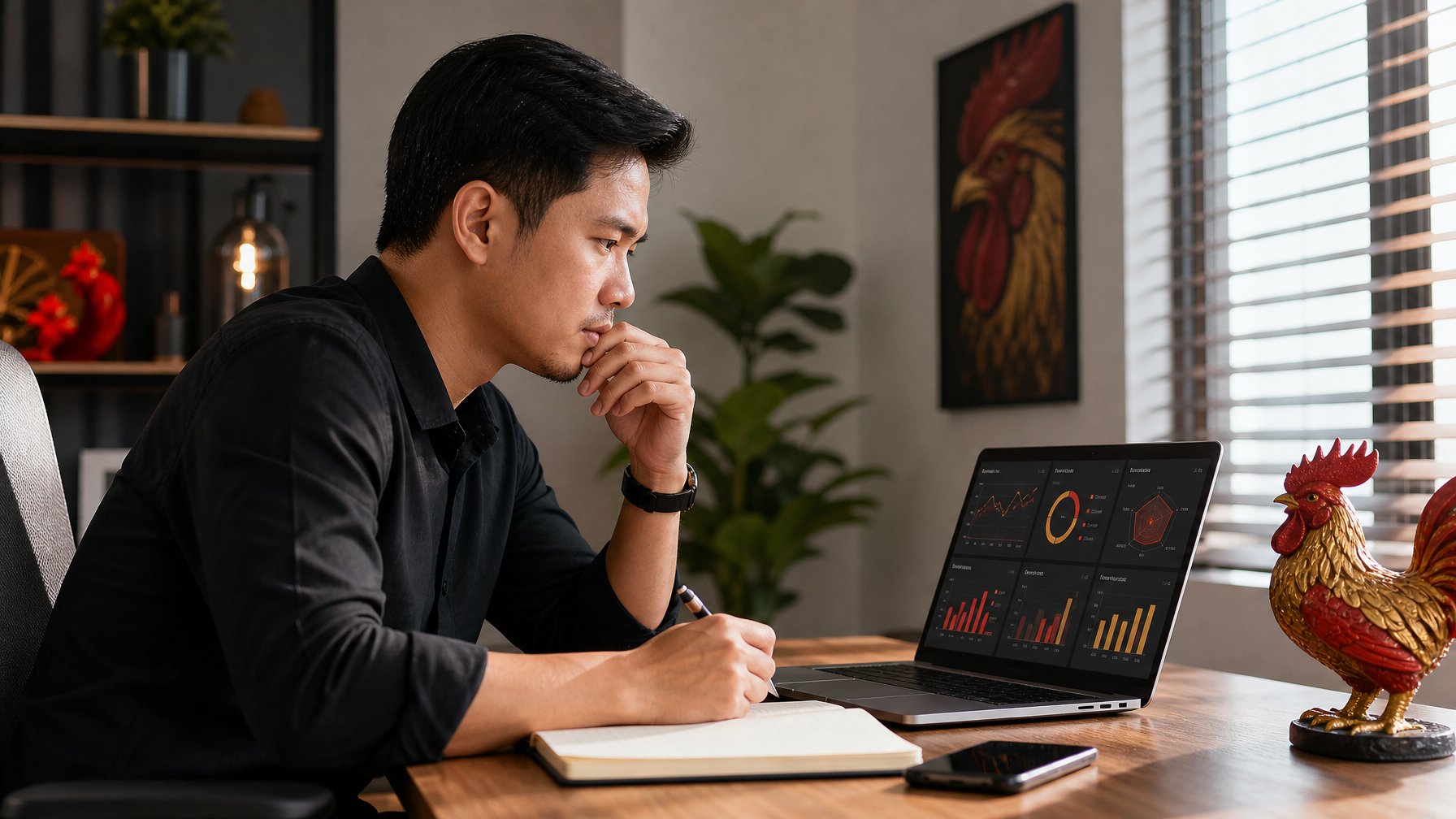 Seorang pria menganalisis statistik pertandingan di laptop dalam ruang kerja modern dengan dekorasi ayam jantan.