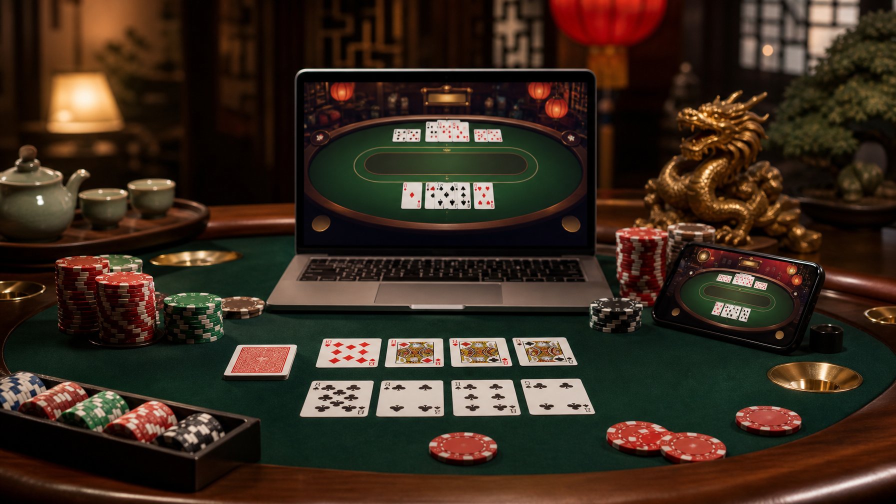 Meja permainan Pai Gow Poker dengan kartu, keping taruhan, laptop, dan ponsel dalam suasana kasino elegan.