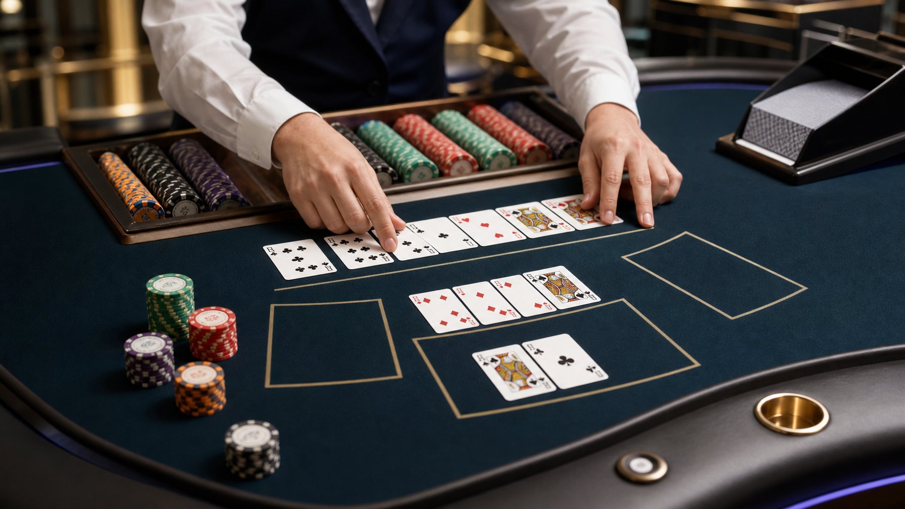 Meja Pai Gow Poker dengan kartu, keping taruhan, dan tangan dealer yang mengatur kartu.