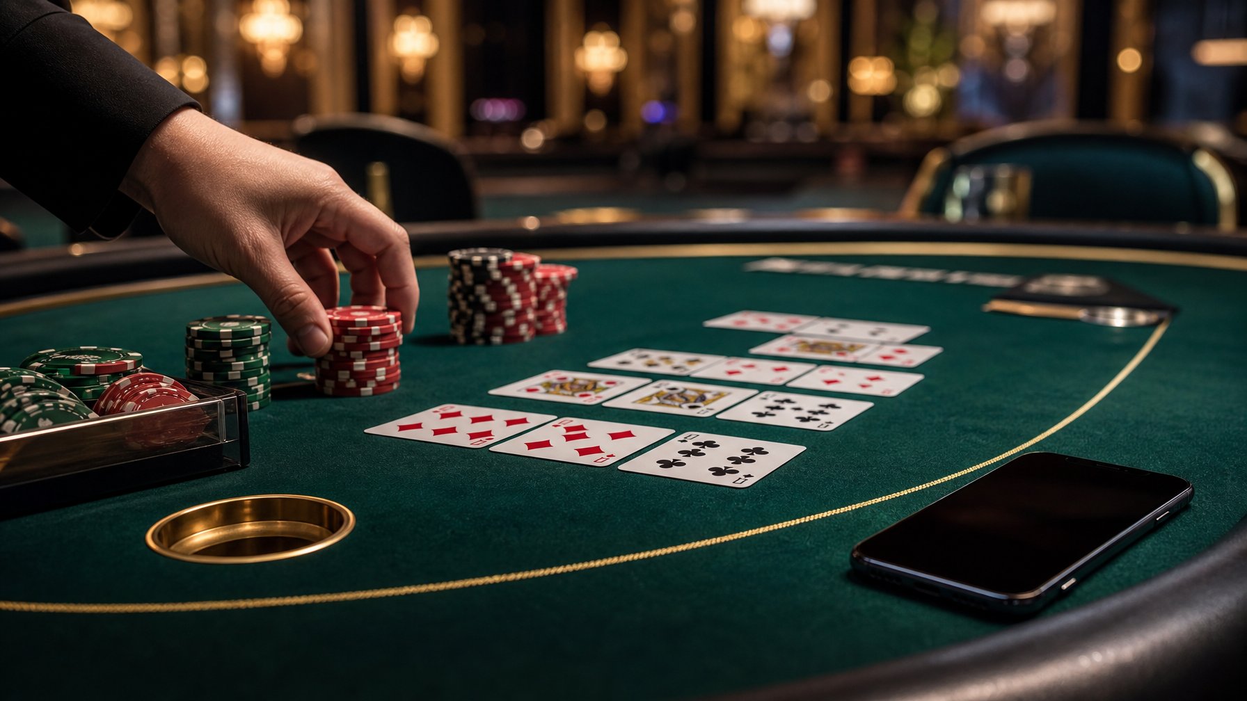 Meja kasino dengan kartu Pai Gow Poker, keping taruhan, dan ponsel di sampingnya.