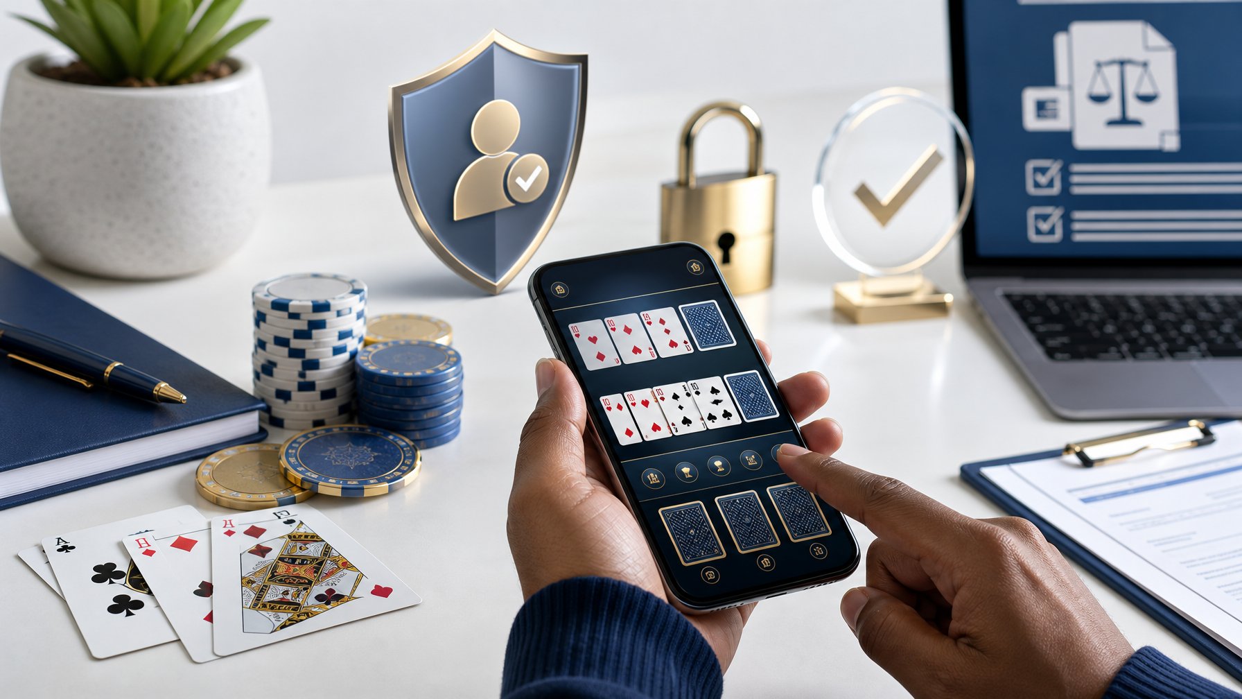 Ponsel dengan antarmuka permainan kartu abstrak, kartu remi, koin poker, serta simbol perisai dan gembok keamanan di meja kerja.