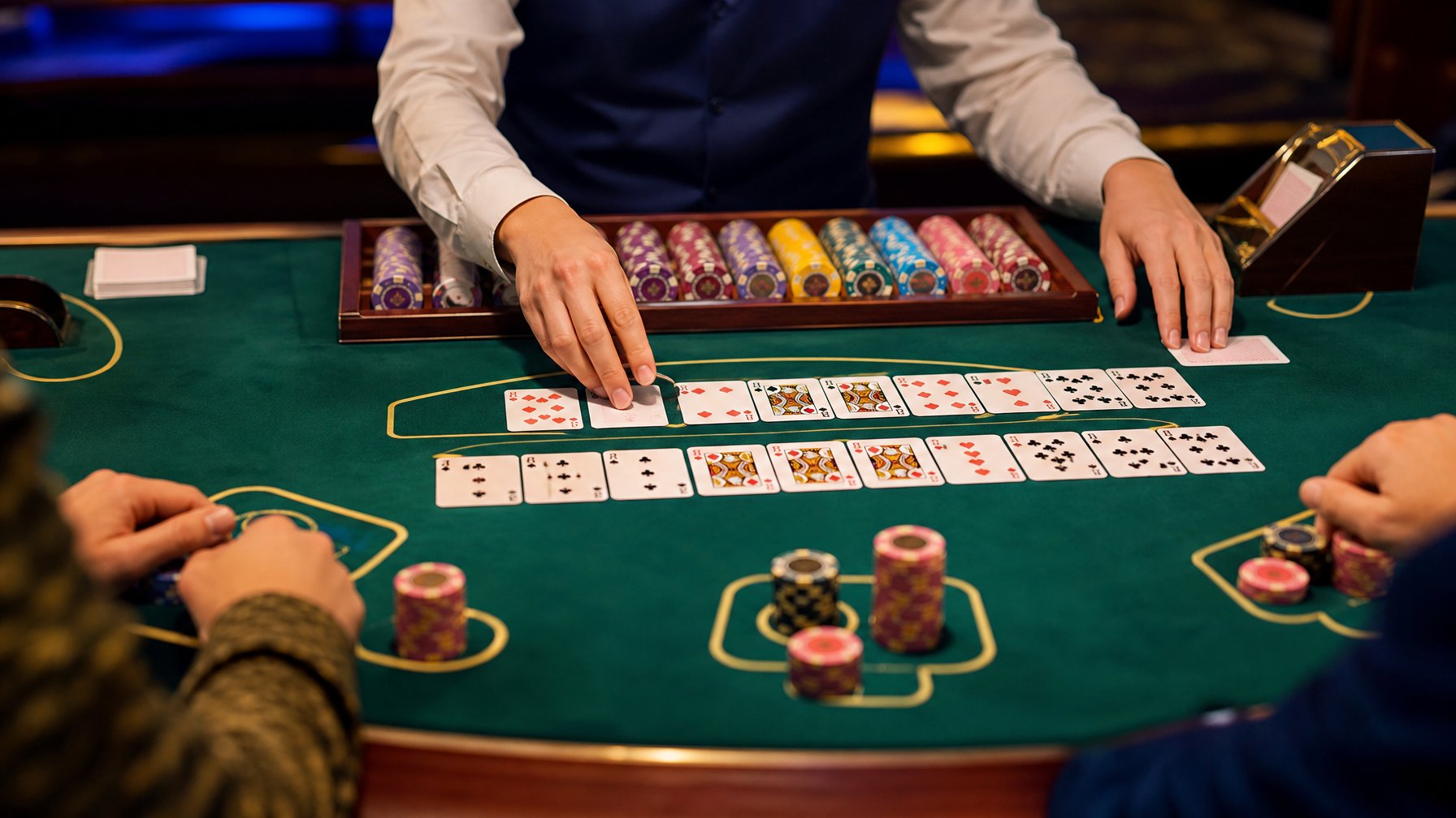 Meja Pai Gow Poker dengan kartu, keping taruhan, dan tangan dealer di suasana kasino elegan.