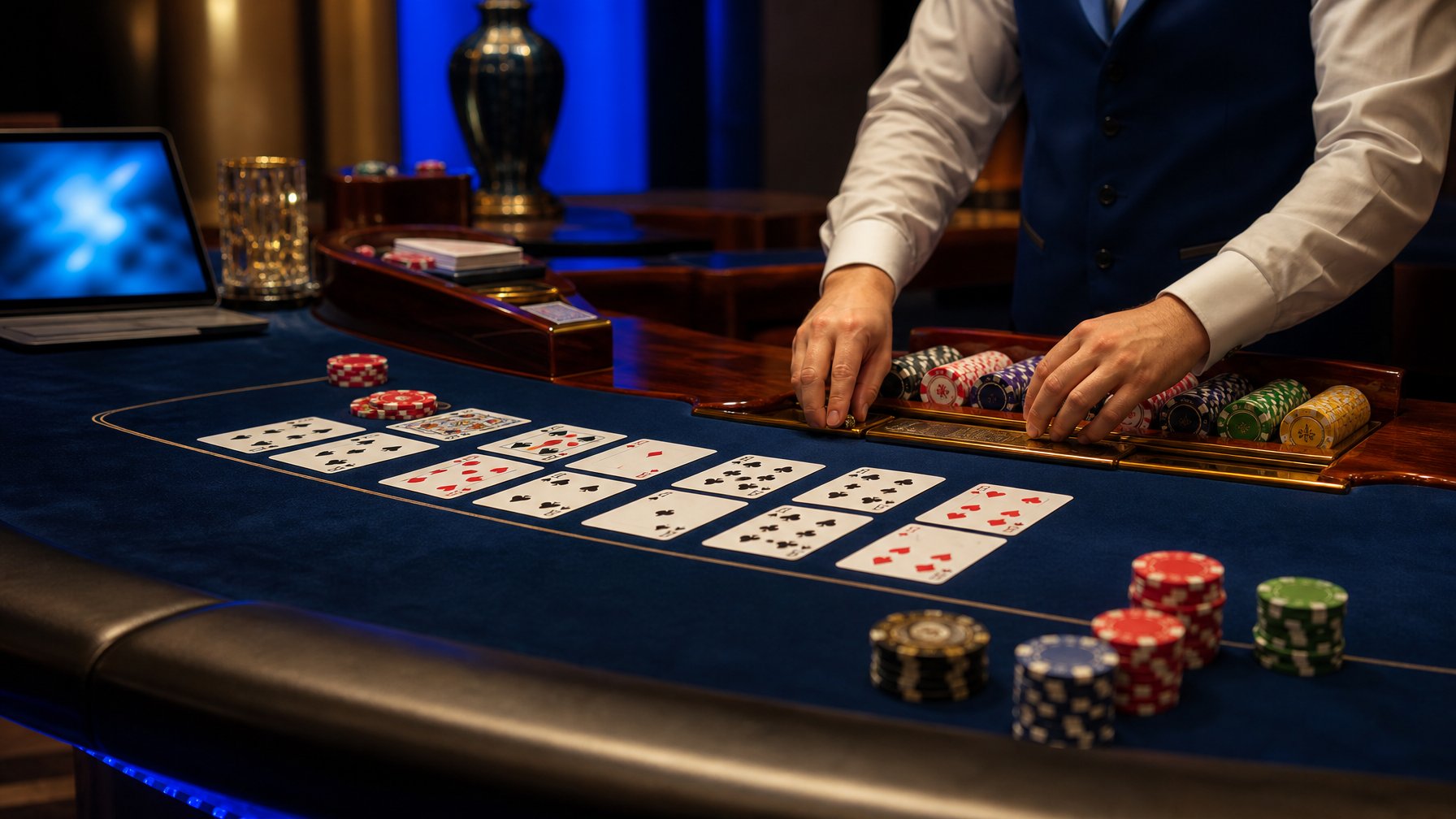 Meja Pai Gow Poker dengan kartu, keping kasino, dan tangan dealer yang menata permainan.